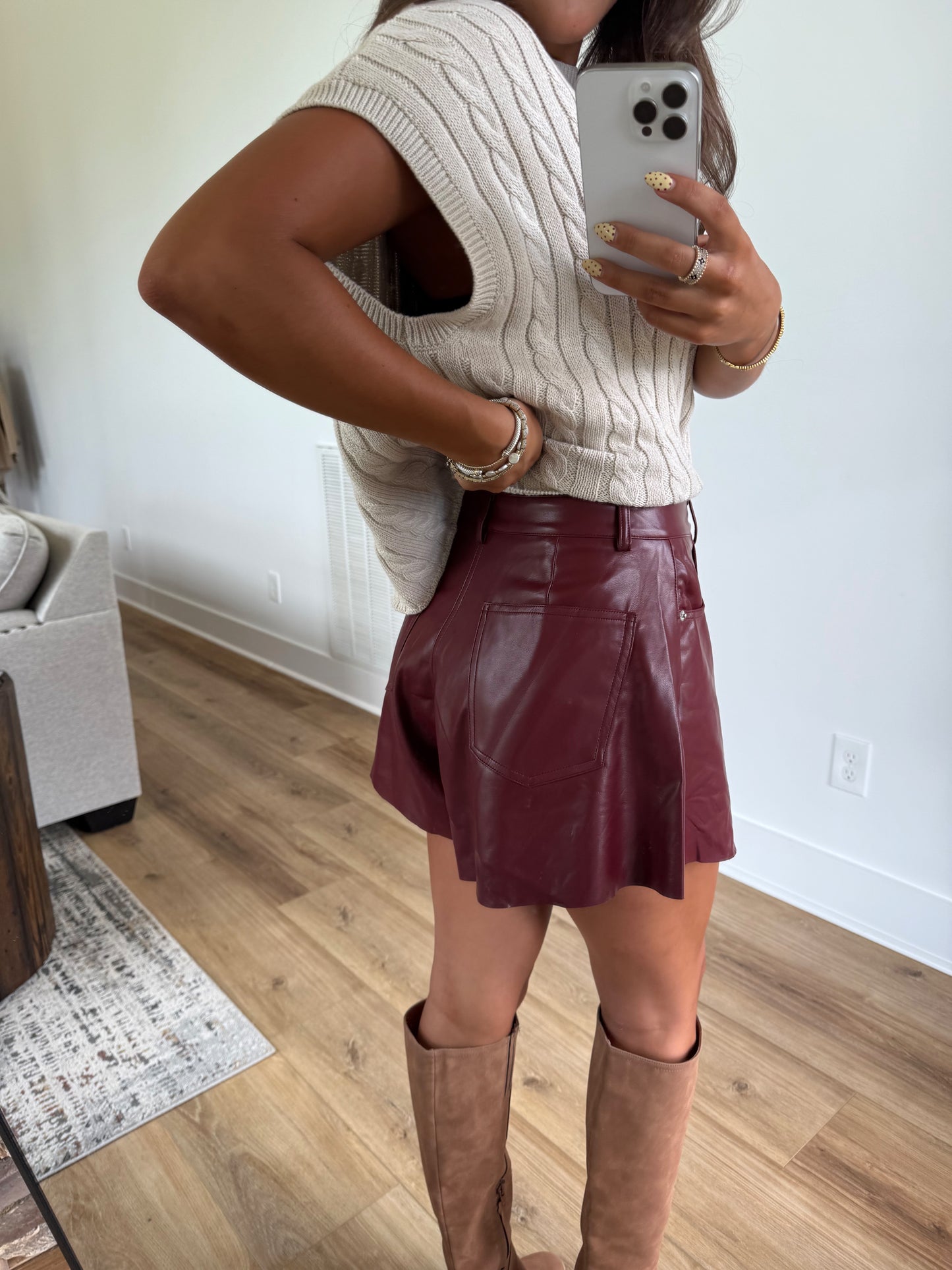 Burgundy Leather Flare Shorts
