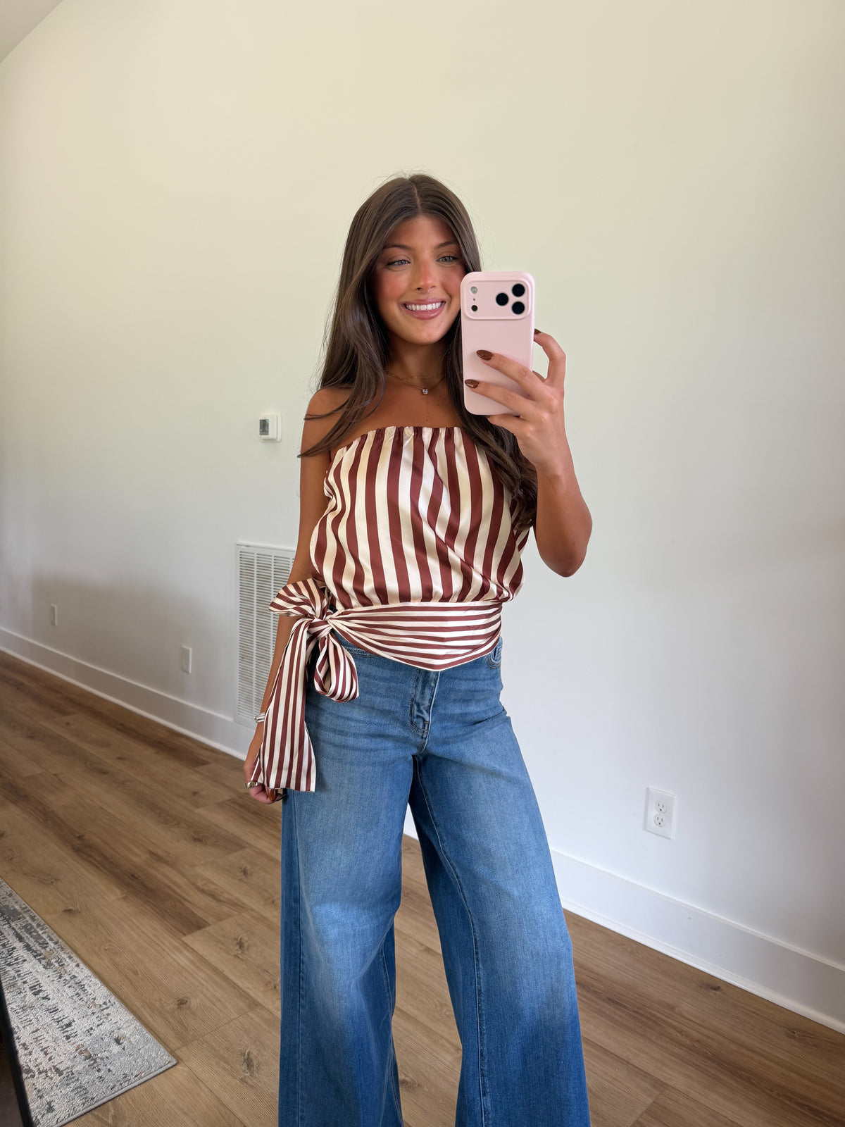 Satin Stripe Side Tie Top (Brown)