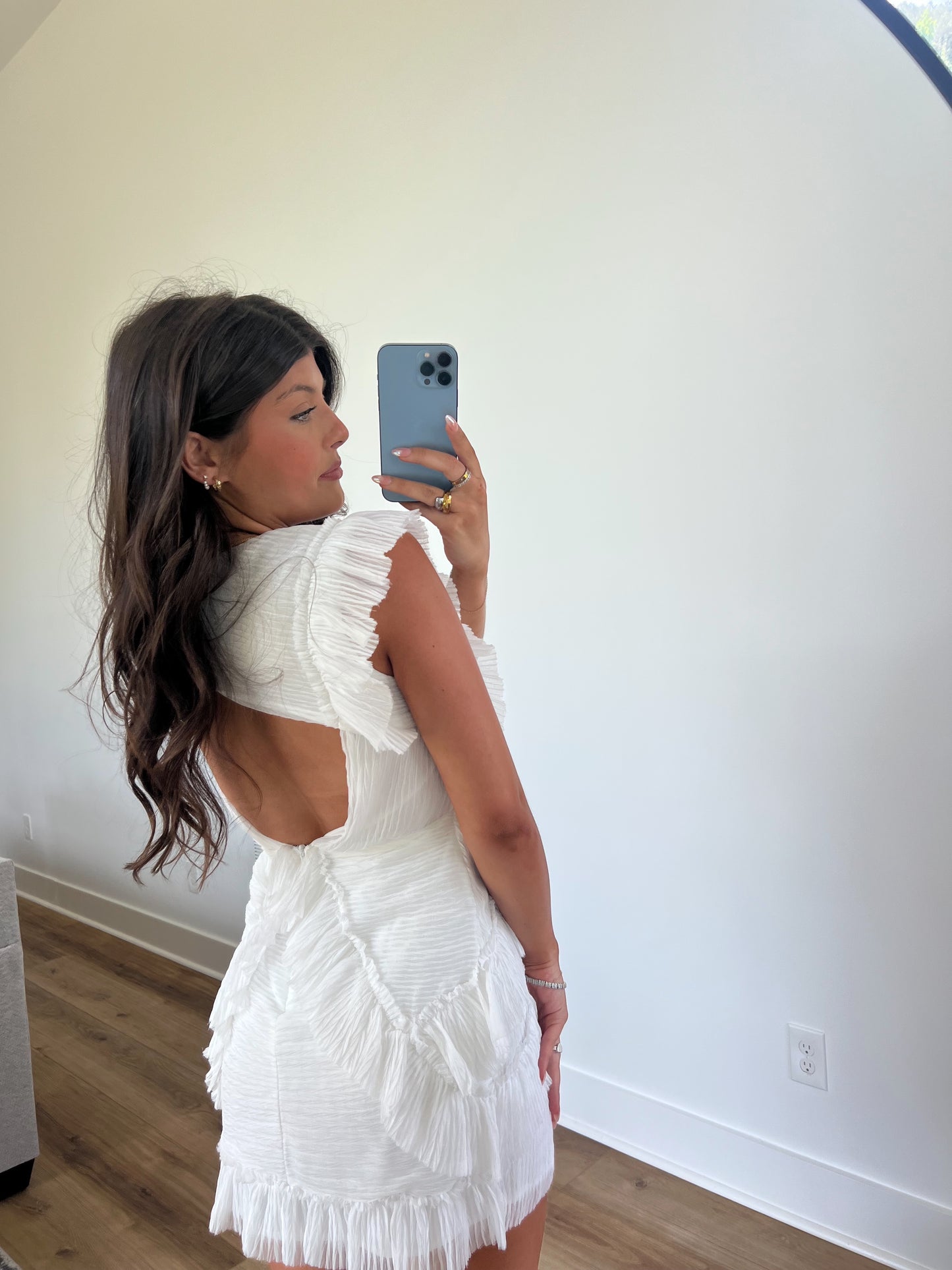 White Ruffle Back Cut-Out Mini Dress
