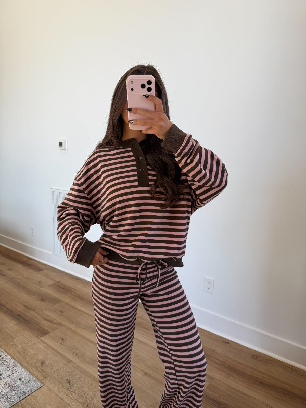 Stripe Henley Set (Pink/Mocha)