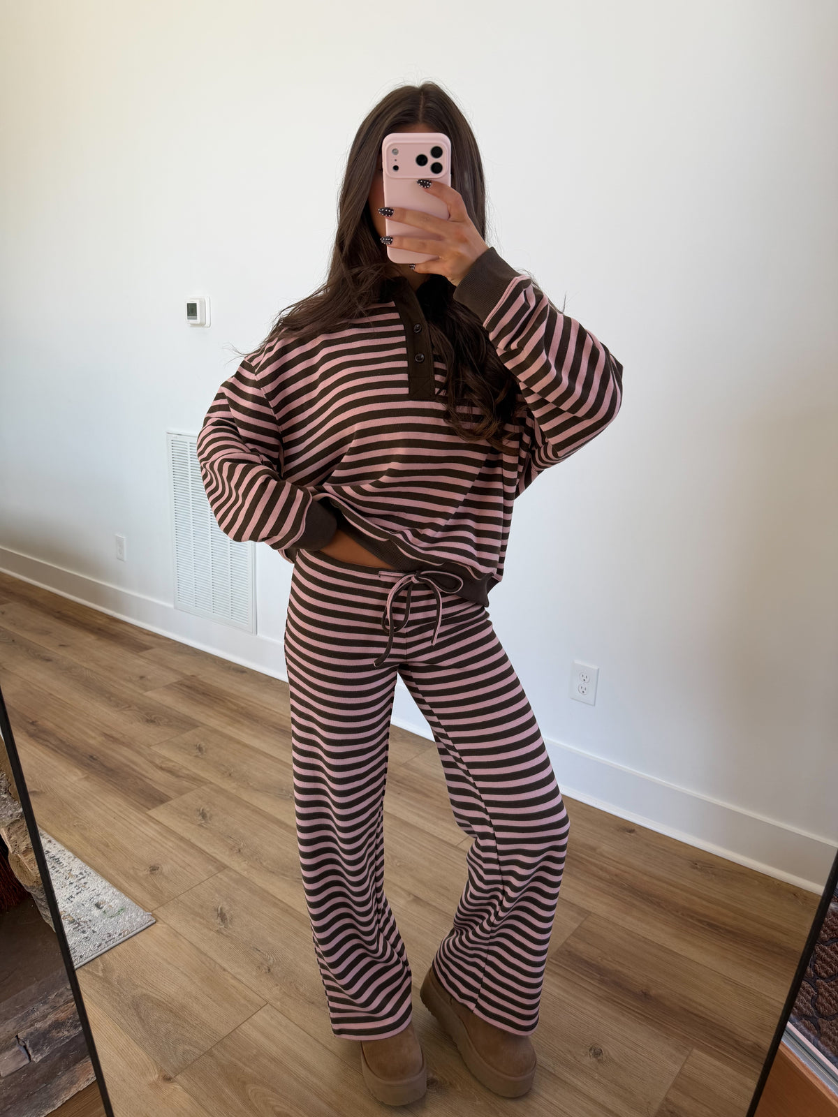 Stripe Henley Set (Pink/Mocha)