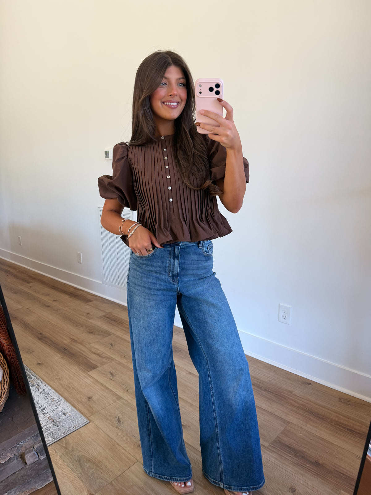 Puff Sleeve Pleated Peplum Top (Brown)