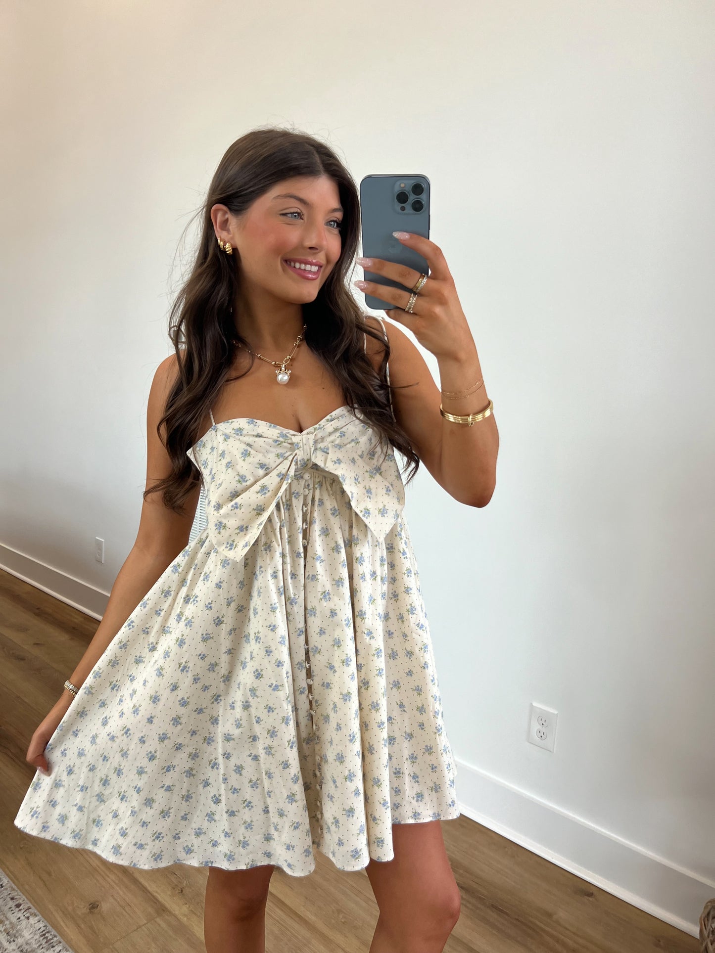 Blue Petals Darling Bow Mini Dress