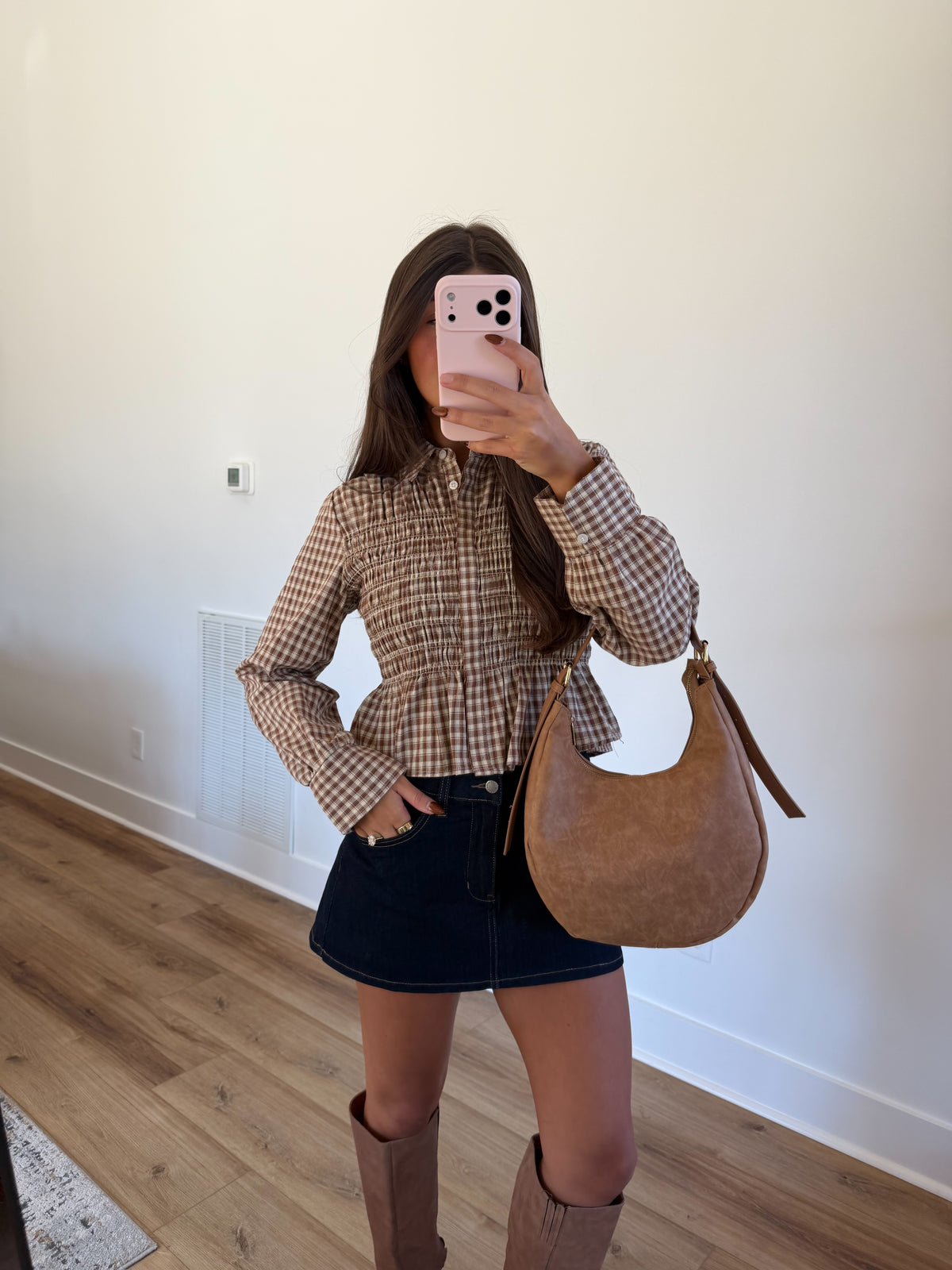 Brown Plaid Smocked Peplum Top