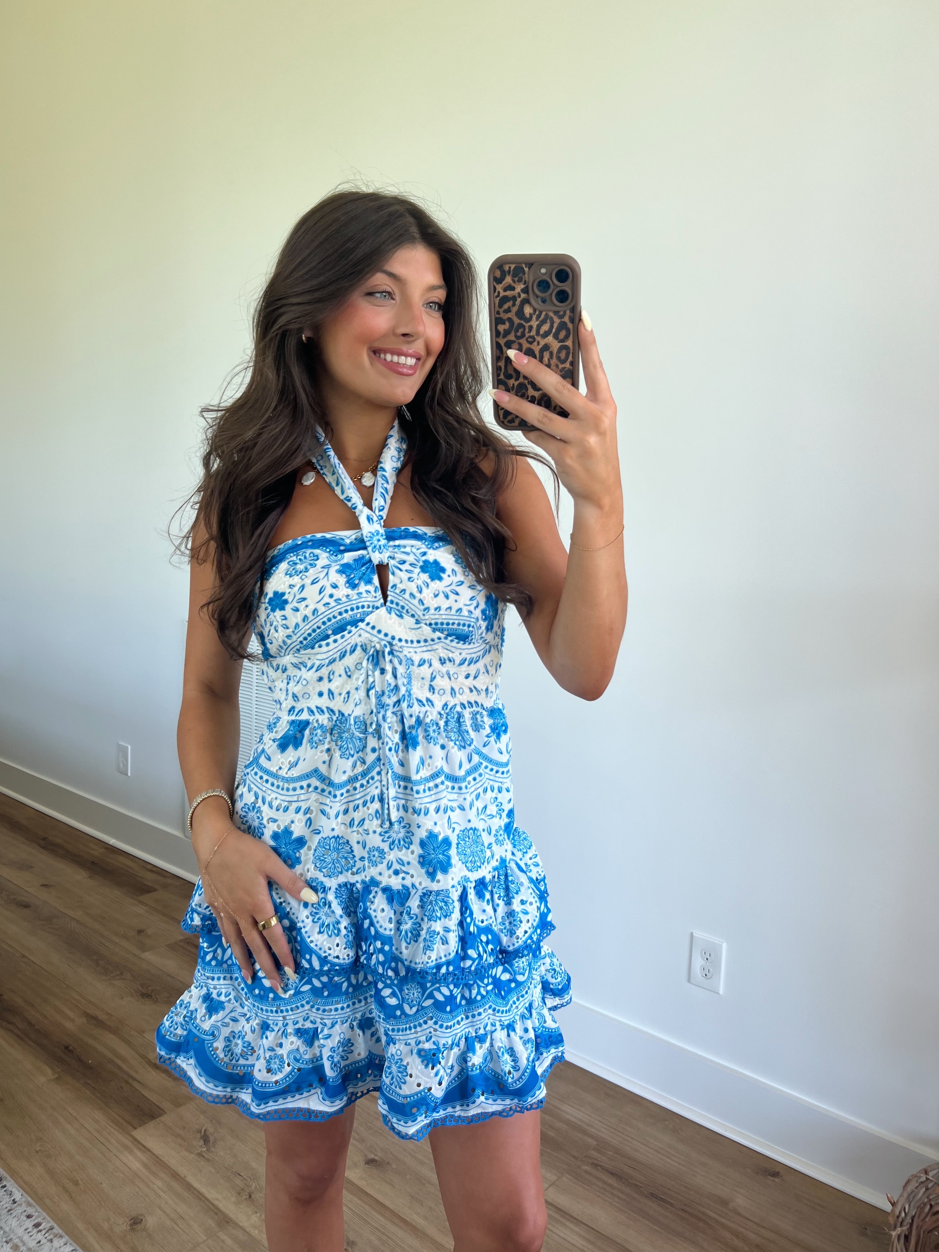 Blue Hawaiian Eyelet Halter Mini Dress