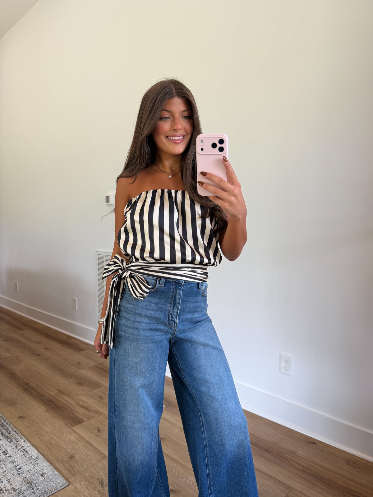 Satin Stripe Side Tie Top (Black)