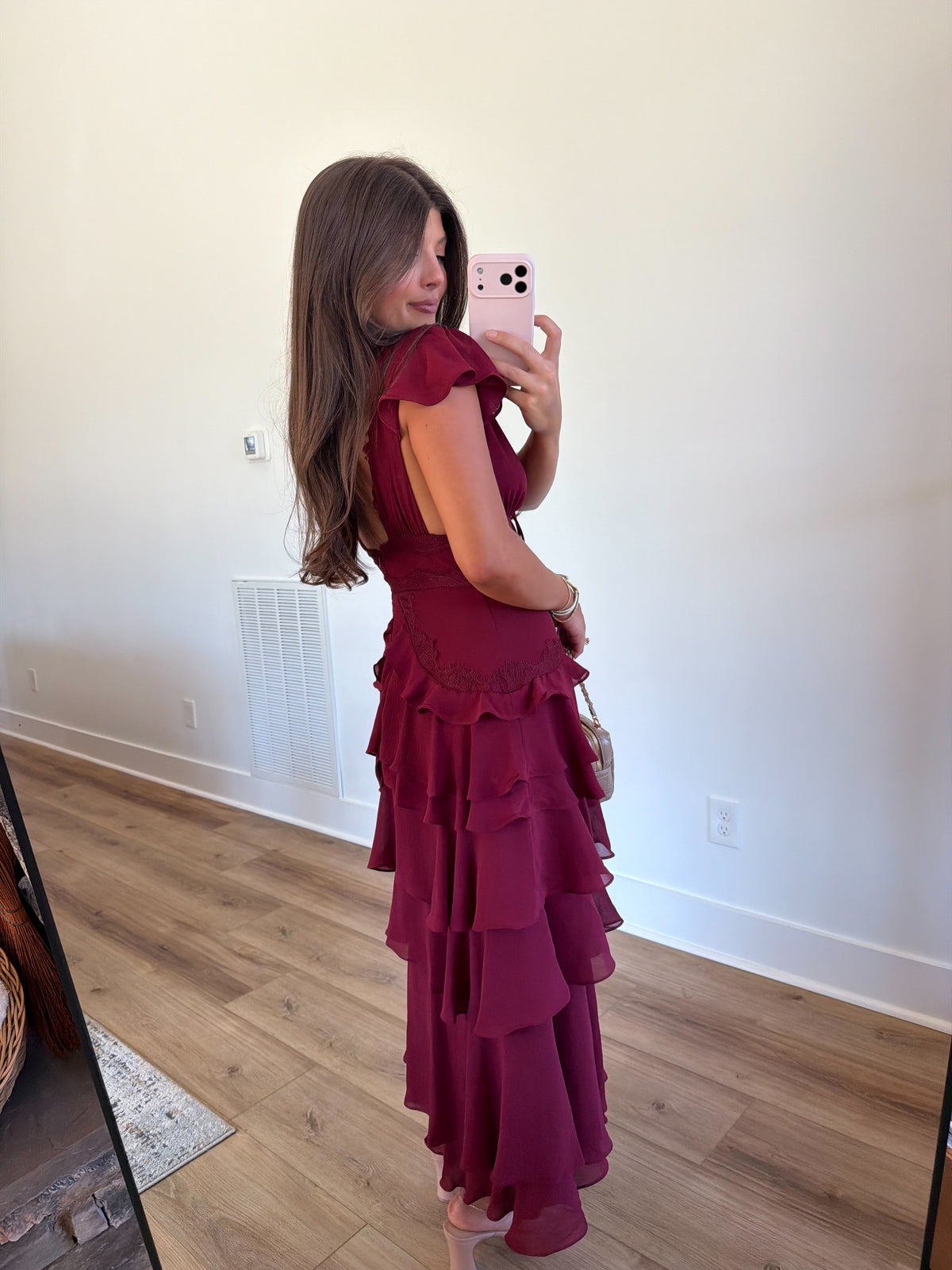 Burgundy Lace Trim Tiered Ruffle Maxi Dress