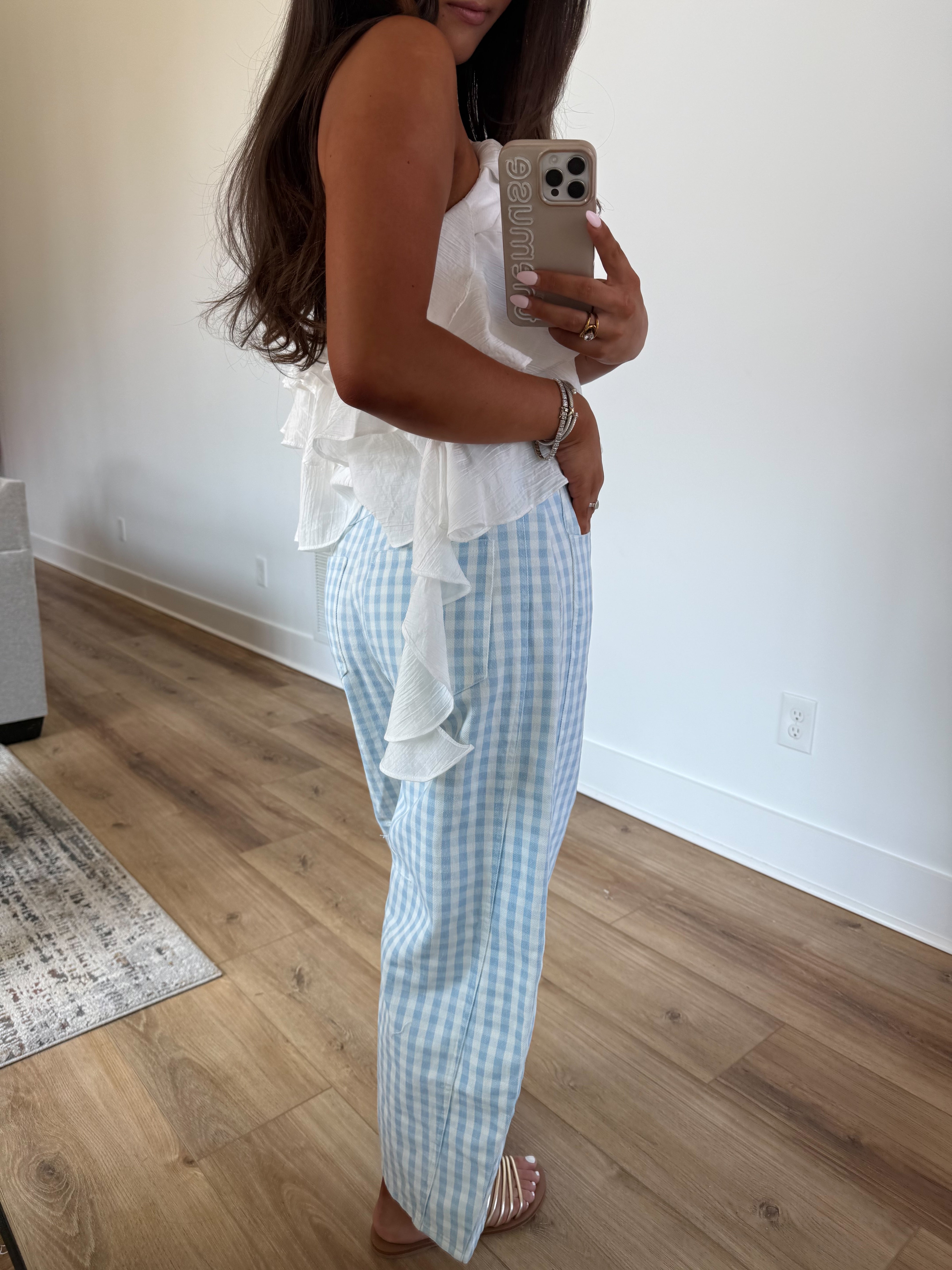 Blue Gingham Barrel Jeans