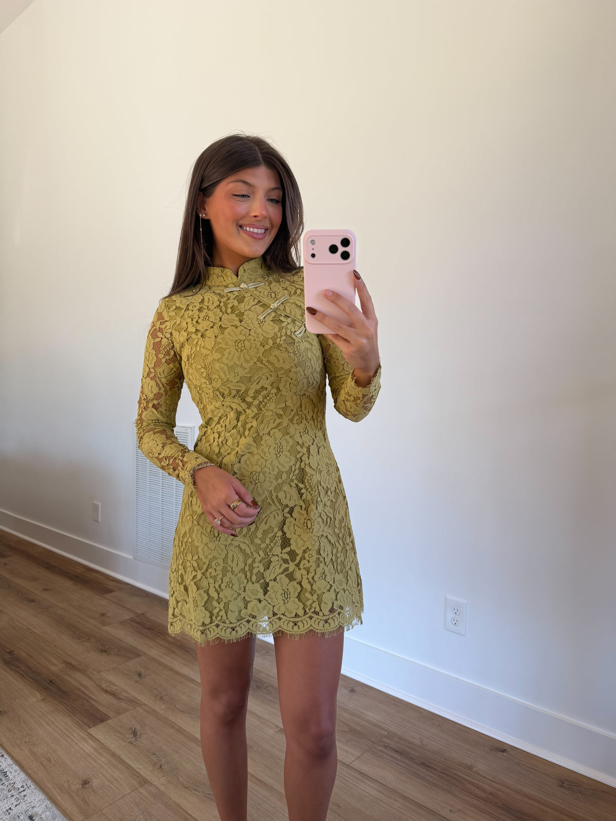 Floral Lace Mock Neck Mini Dress (Green)