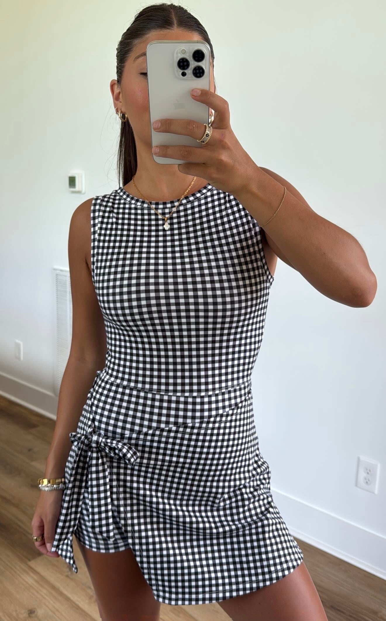 Black Gingham Wrap Athletic Dress