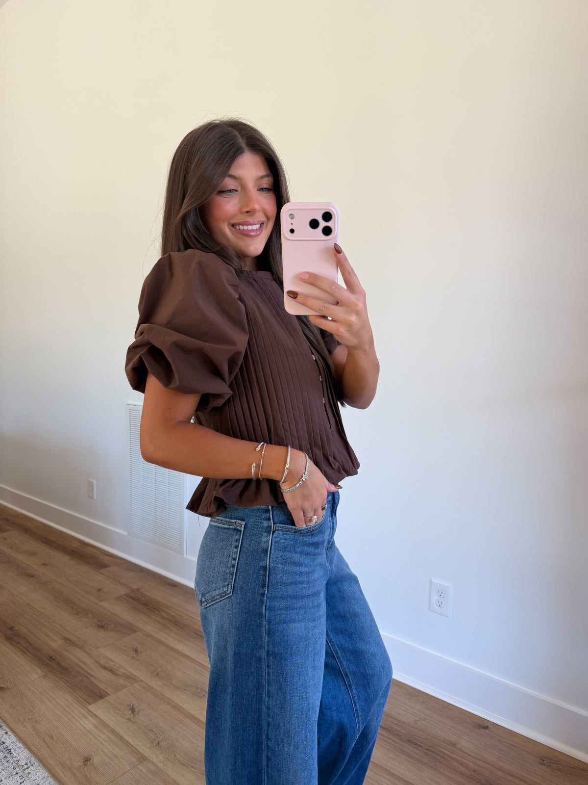 Puff Sleeve Pleated Peplum Top (Brown)