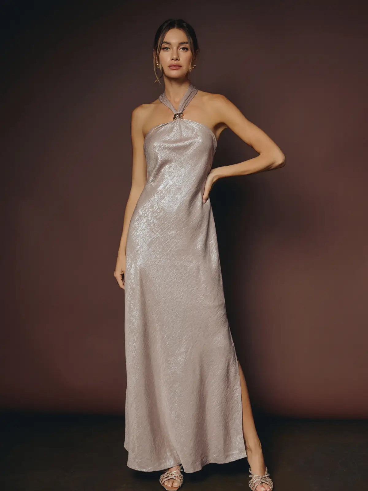 Champagne Satin Halter Maxi Dress