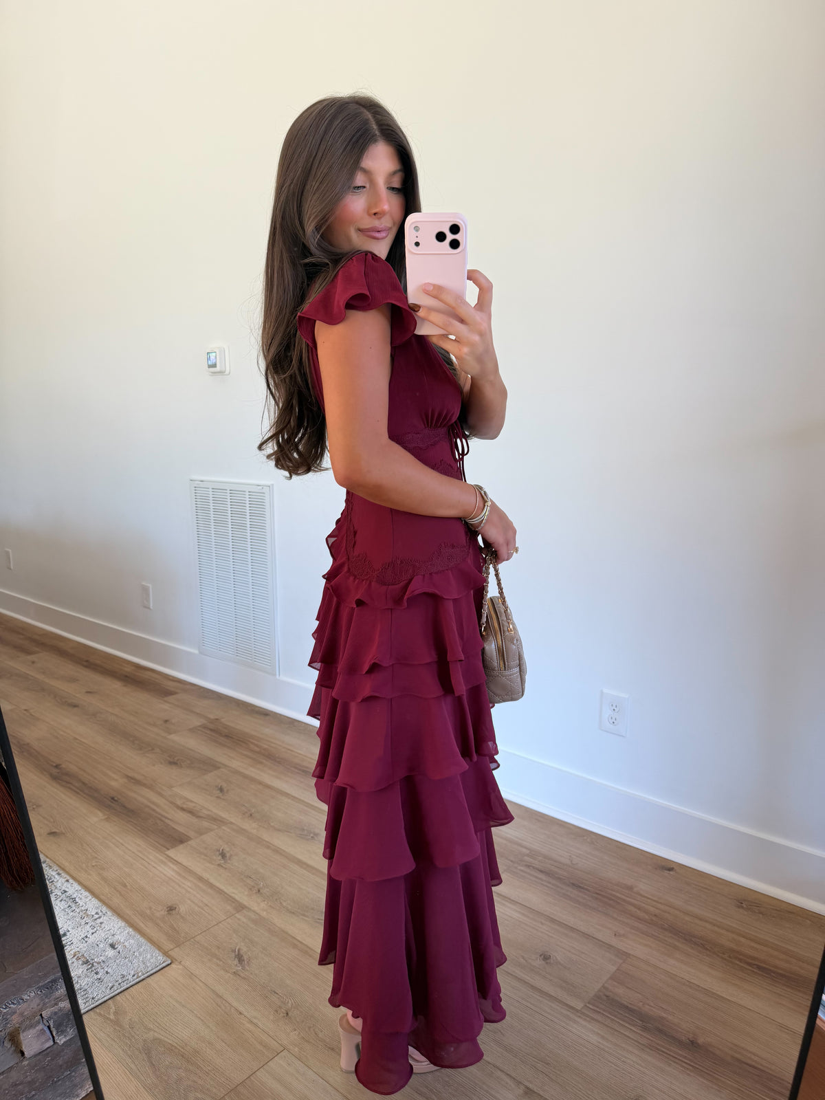 Burgundy Lace Trim Tiered Ruffle Maxi Dress