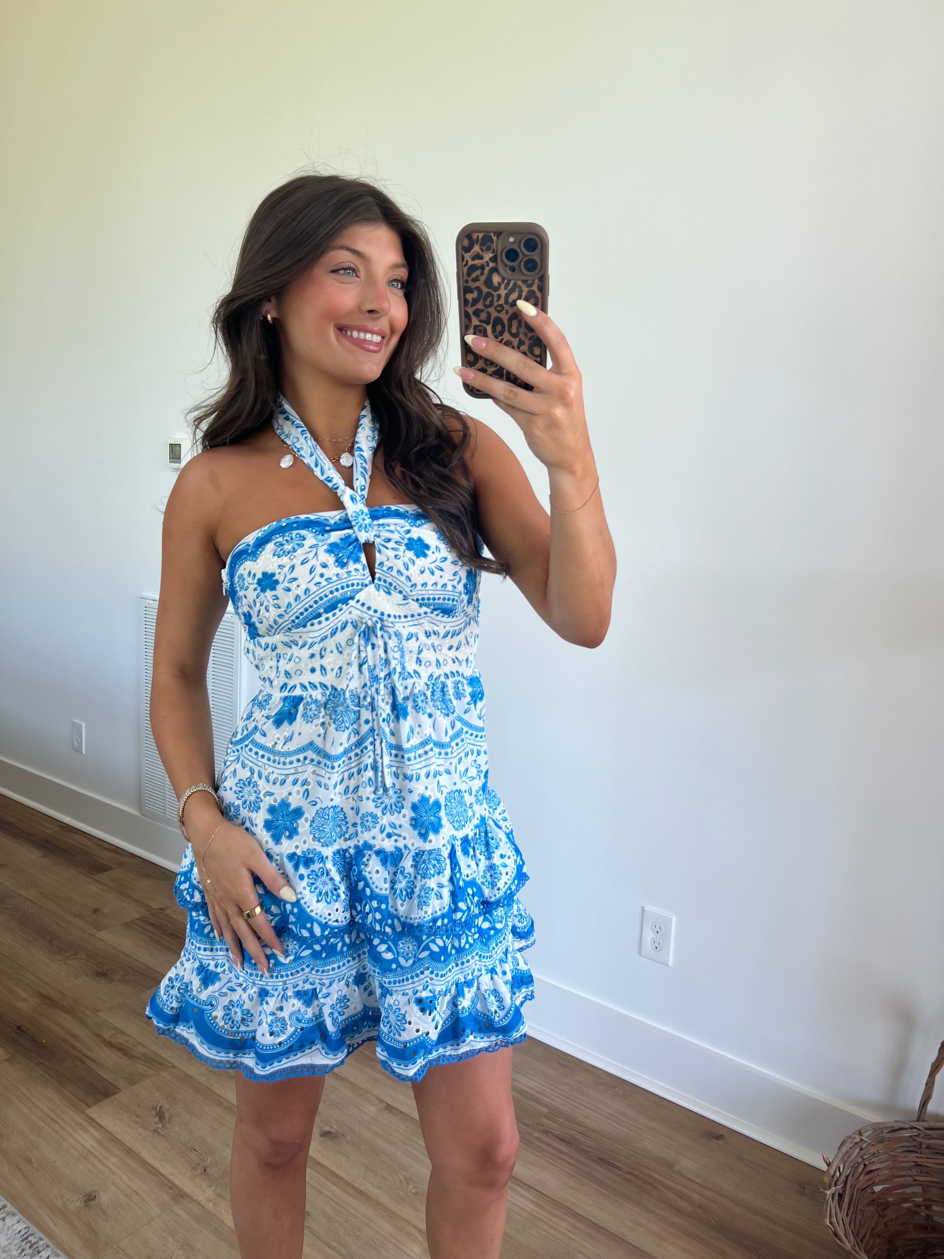 Blue Hawaiian Eyelet Halter Mini Dress