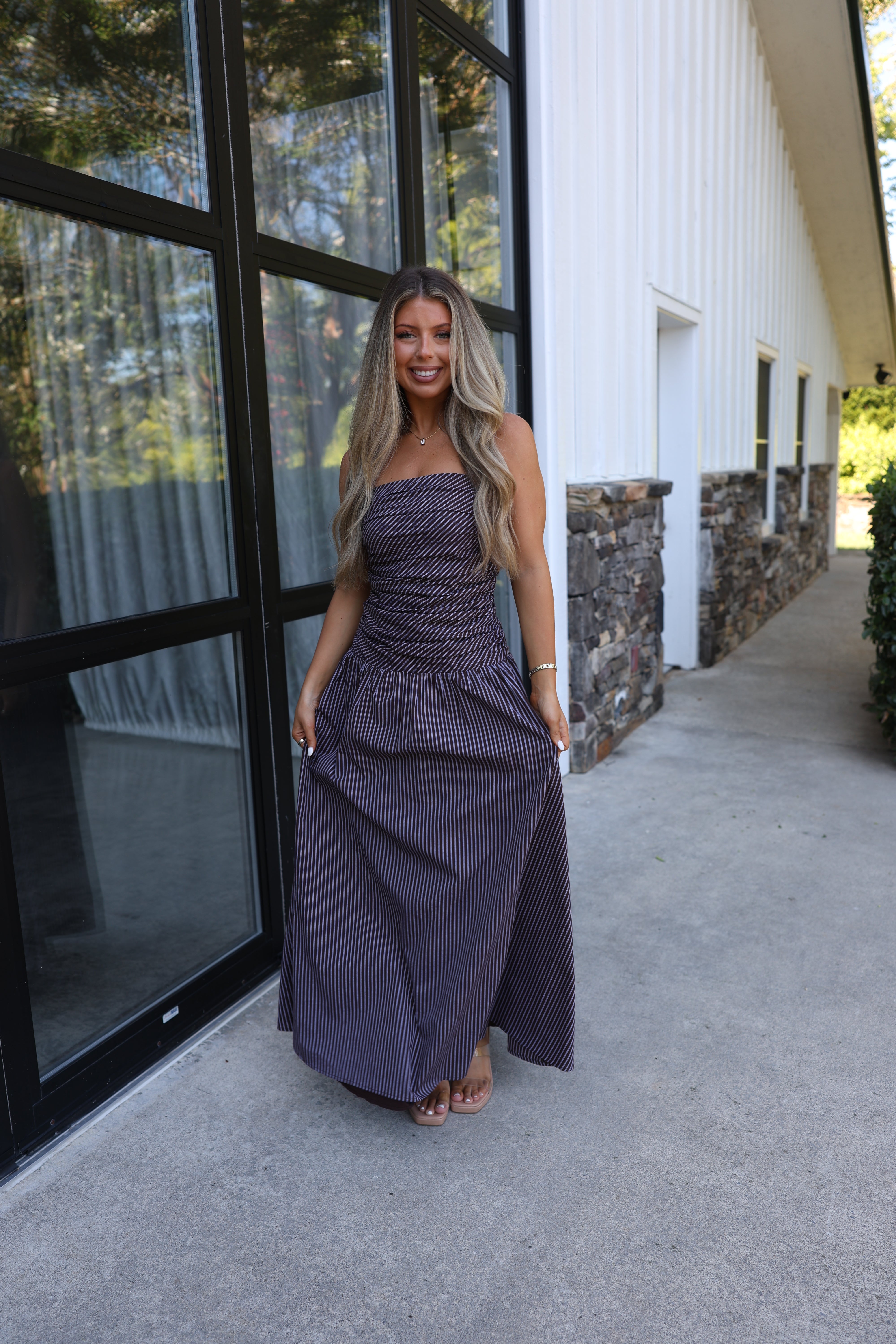 The Vermont Strapless Dress (Brown Stripes) – Shop The Muse