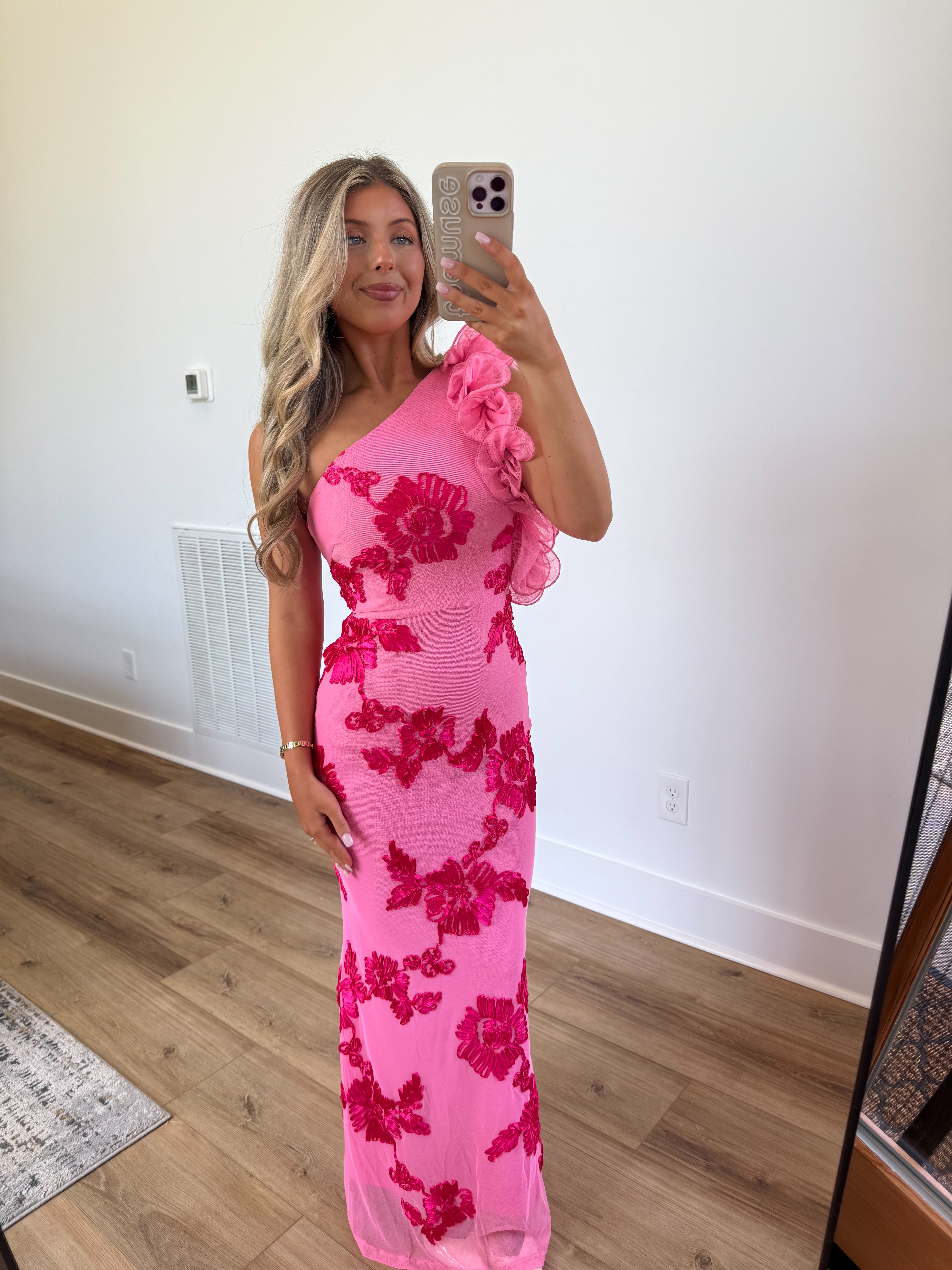 Pink Petals Ruffle Shoulder Maxi