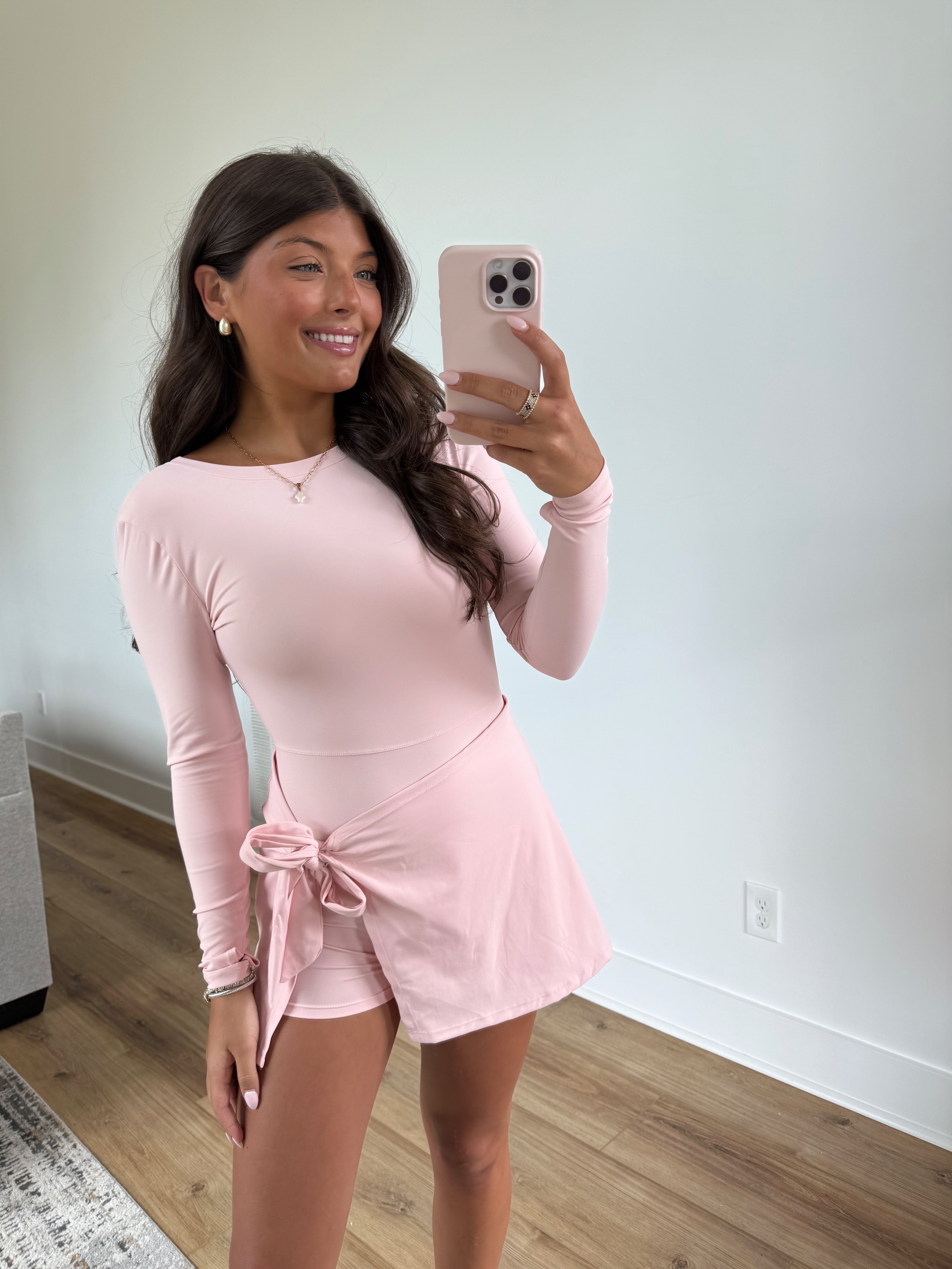 Pink Long Sleeve Wrap Romper