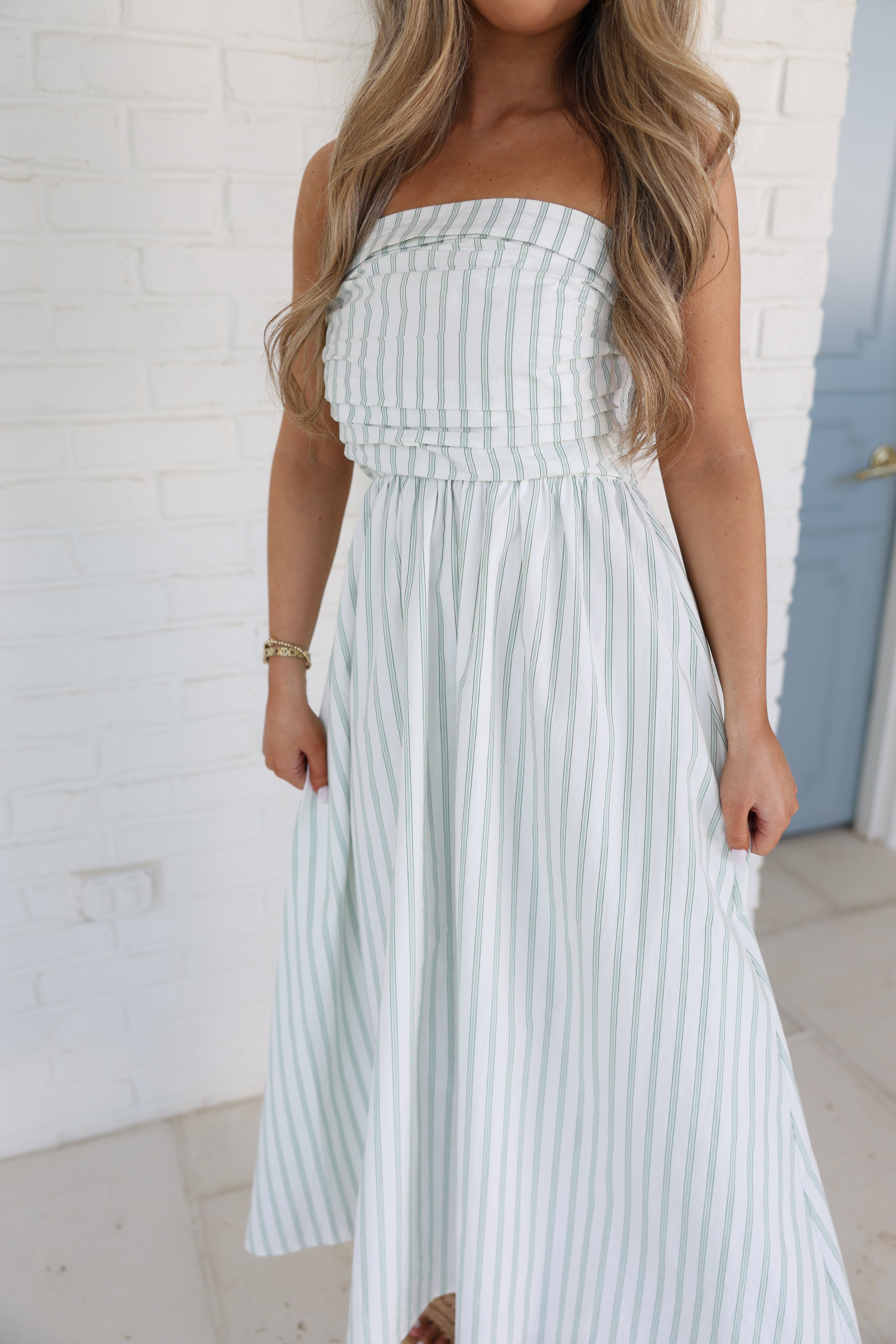 The Nantucket Strapless Dress (Green Stripes)