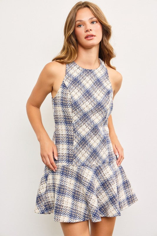Blue Christmas Plaid Mini Dress