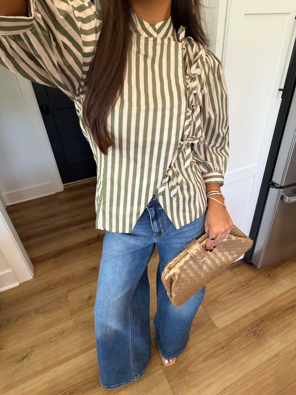 Striped Bow Front Blouse (Olive/Ecru)
