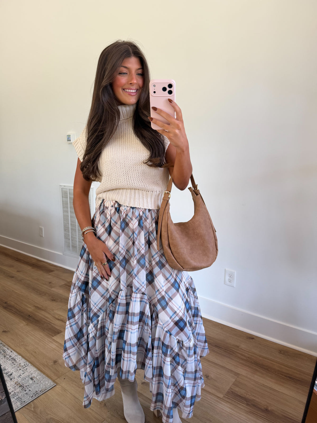 Blue & Brown Plaid Ruffle Maxi Skirt