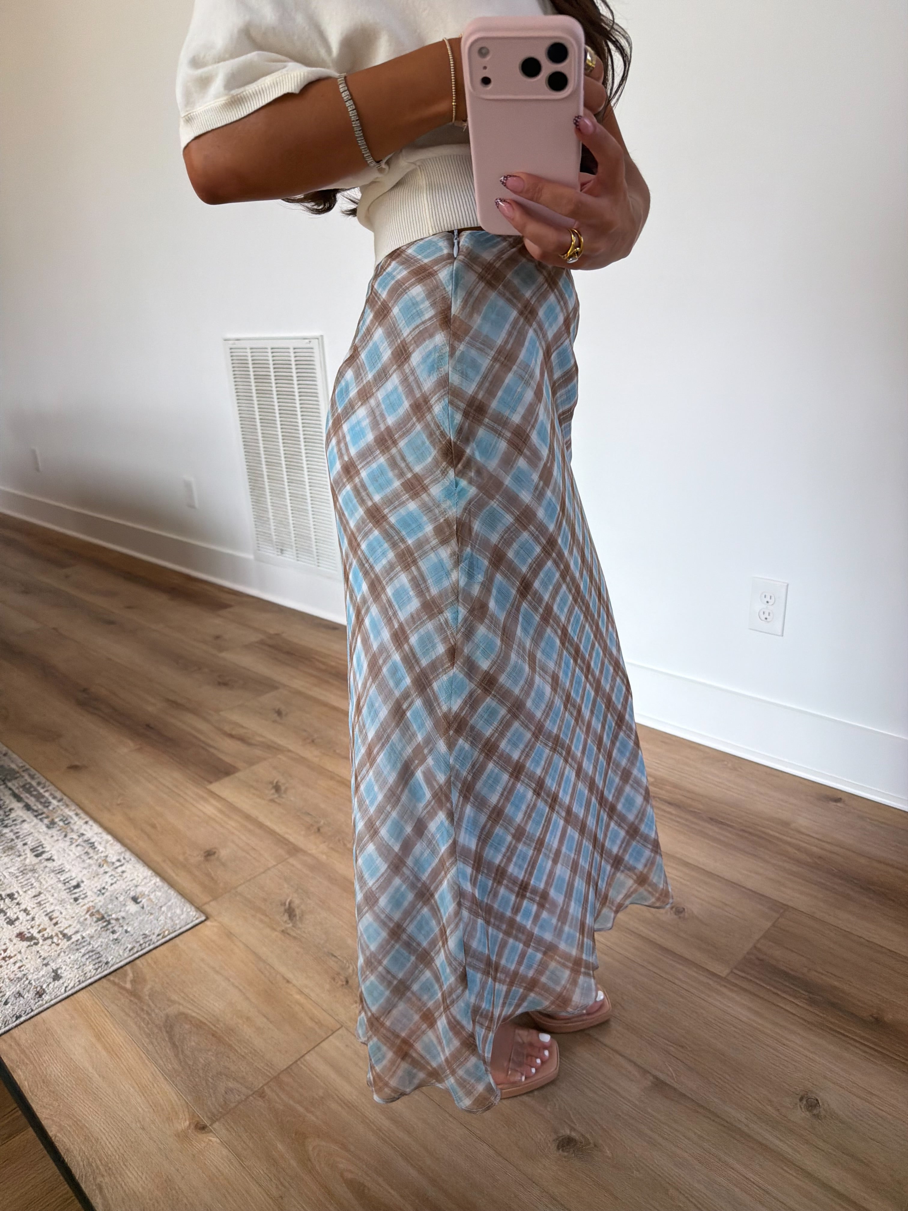 Blue Seams Plaid Midi Skirt
