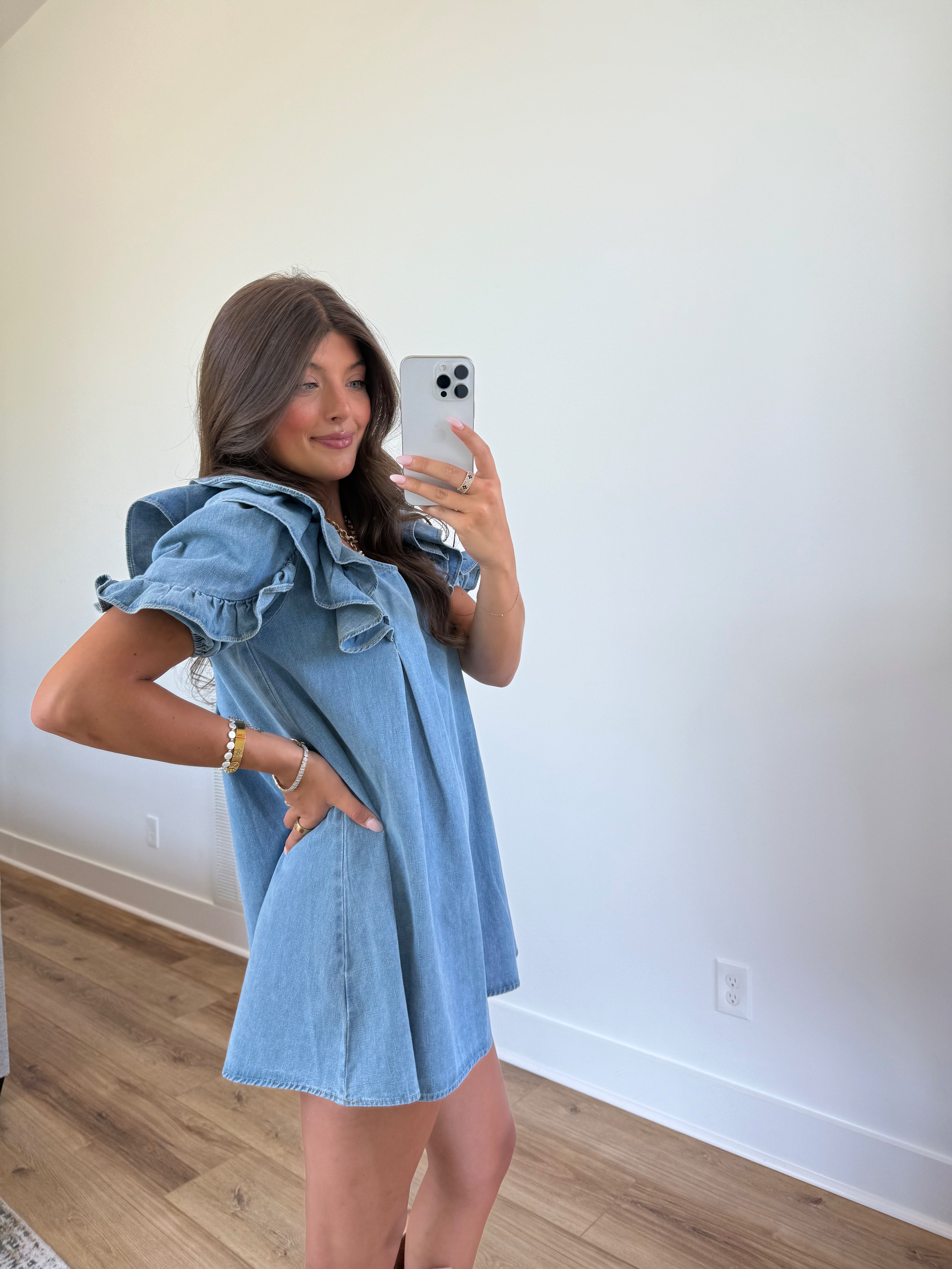 Ruffle Sleeves Mini Denim Dress