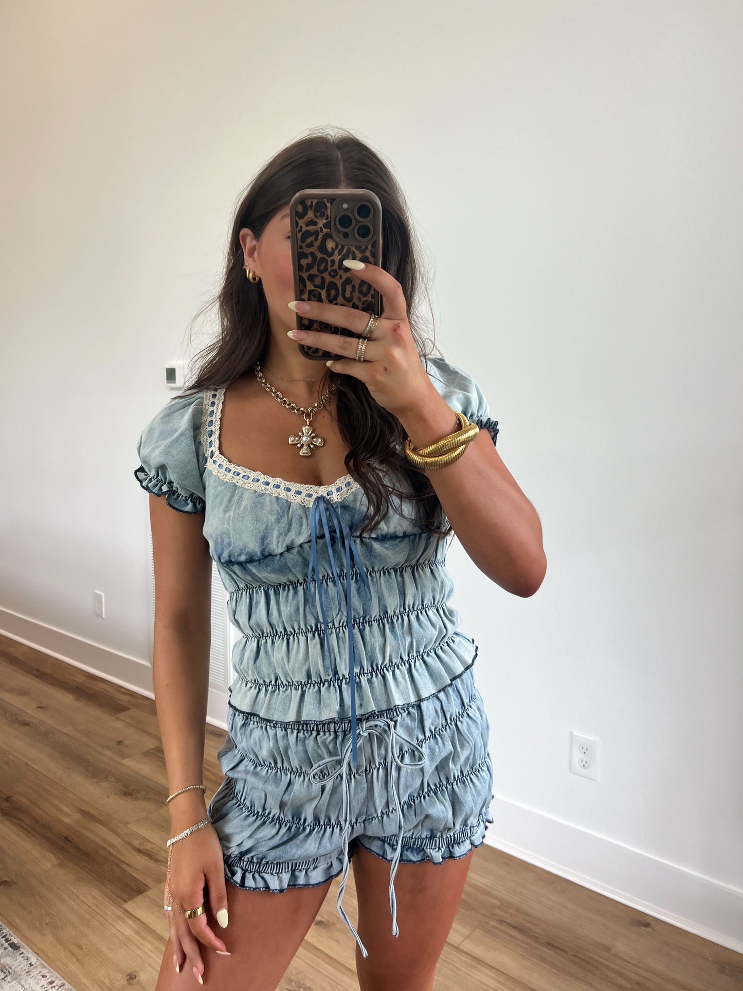Denim Crinkle Shorts Set