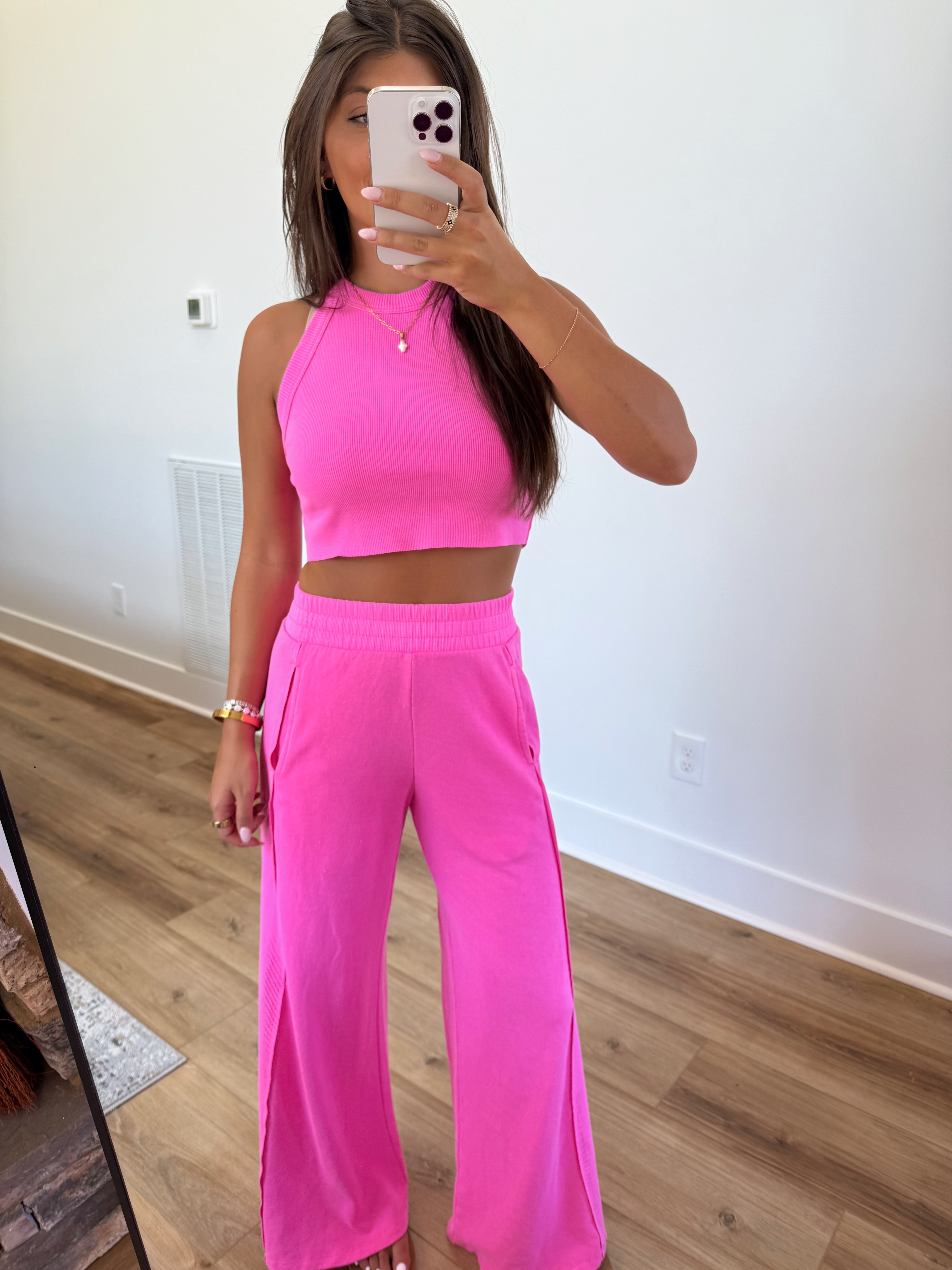 Ribbed Tank Wide Leg Pant Set (Hot Pink)