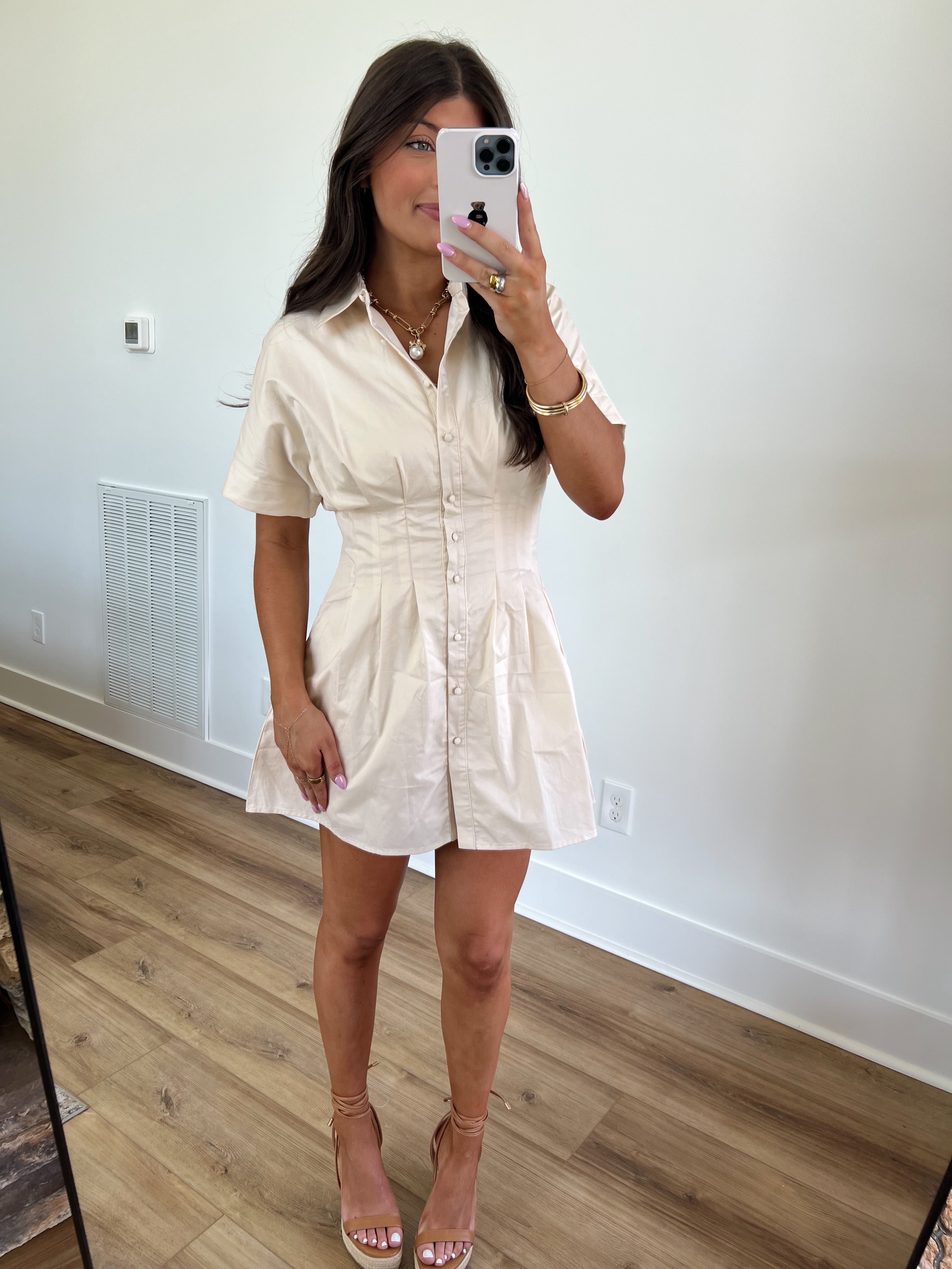 Cream Cinched Waist Mini Dress