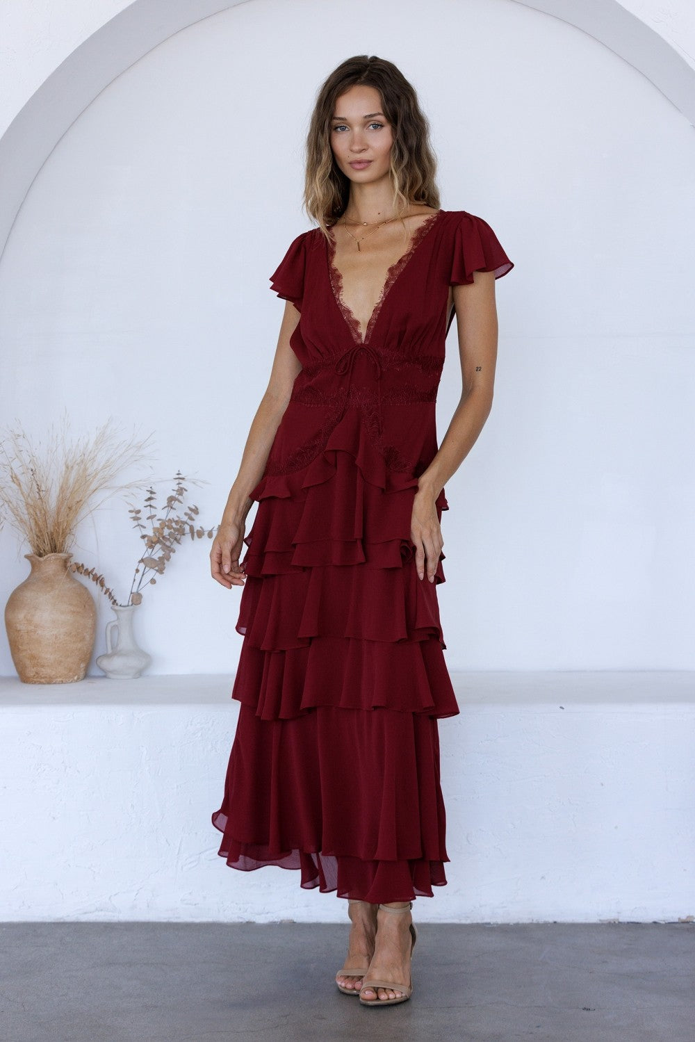 Burgundy Lace Trim Tiered Ruffle Maxi Dress