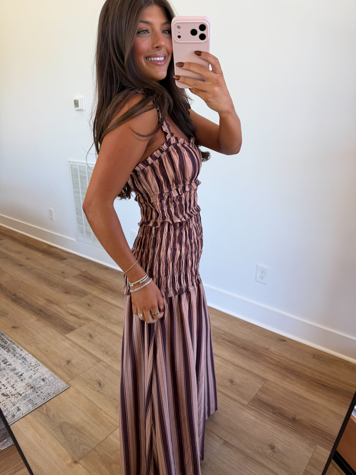 Chocolate Stripe Smocked Maxi Dress