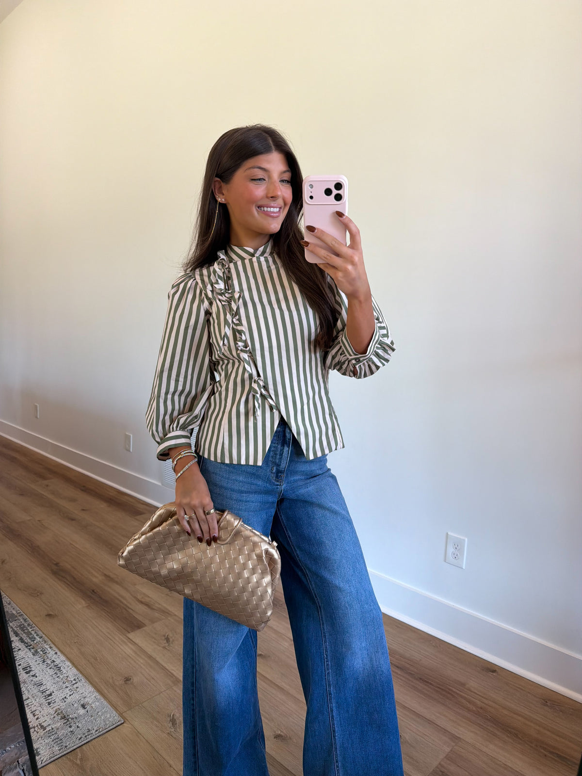 Striped Bow Front Blouse (Olive/Ecru)