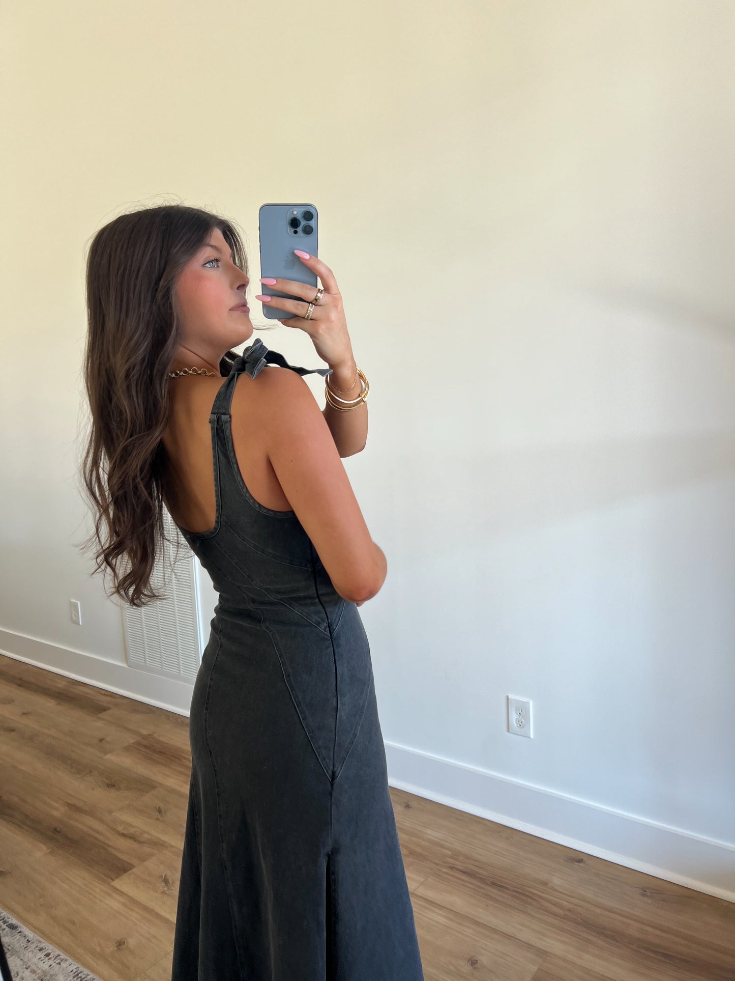 Black Denim Tie Maxi Dress