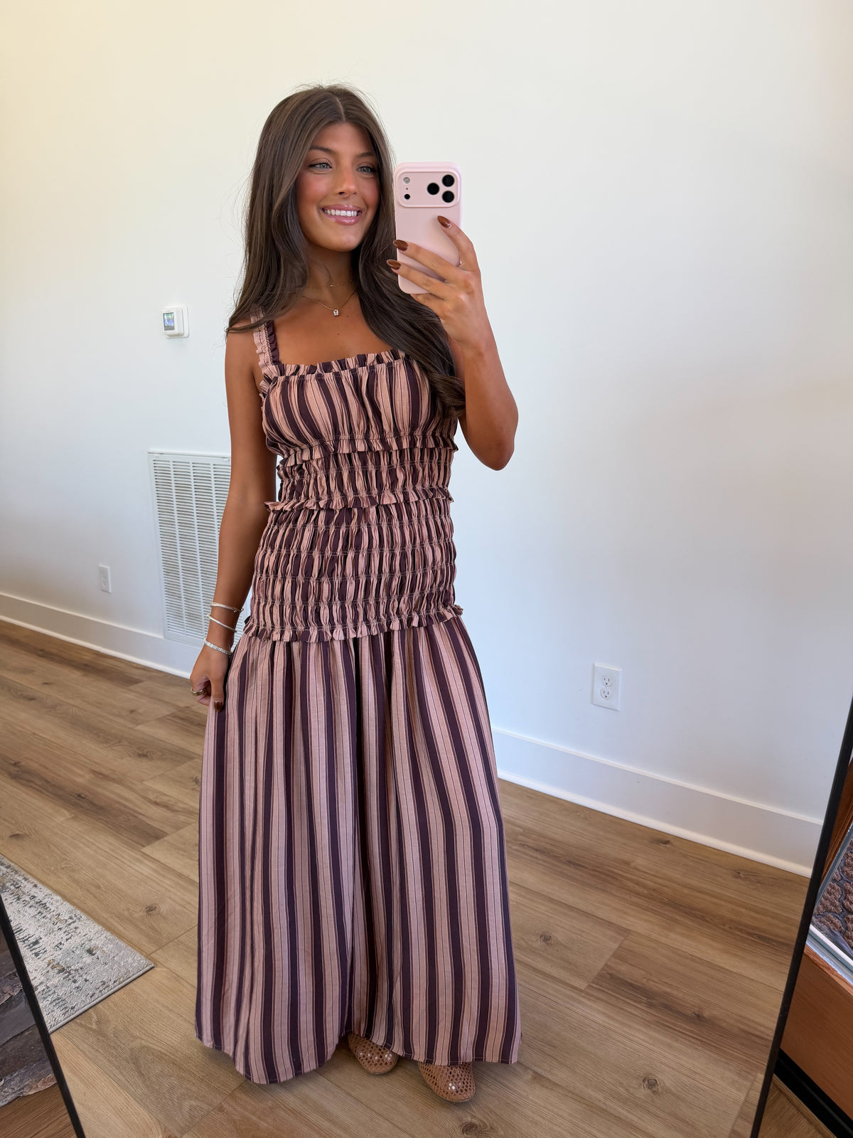 Chocolate Stripe Smocked Maxi Dress