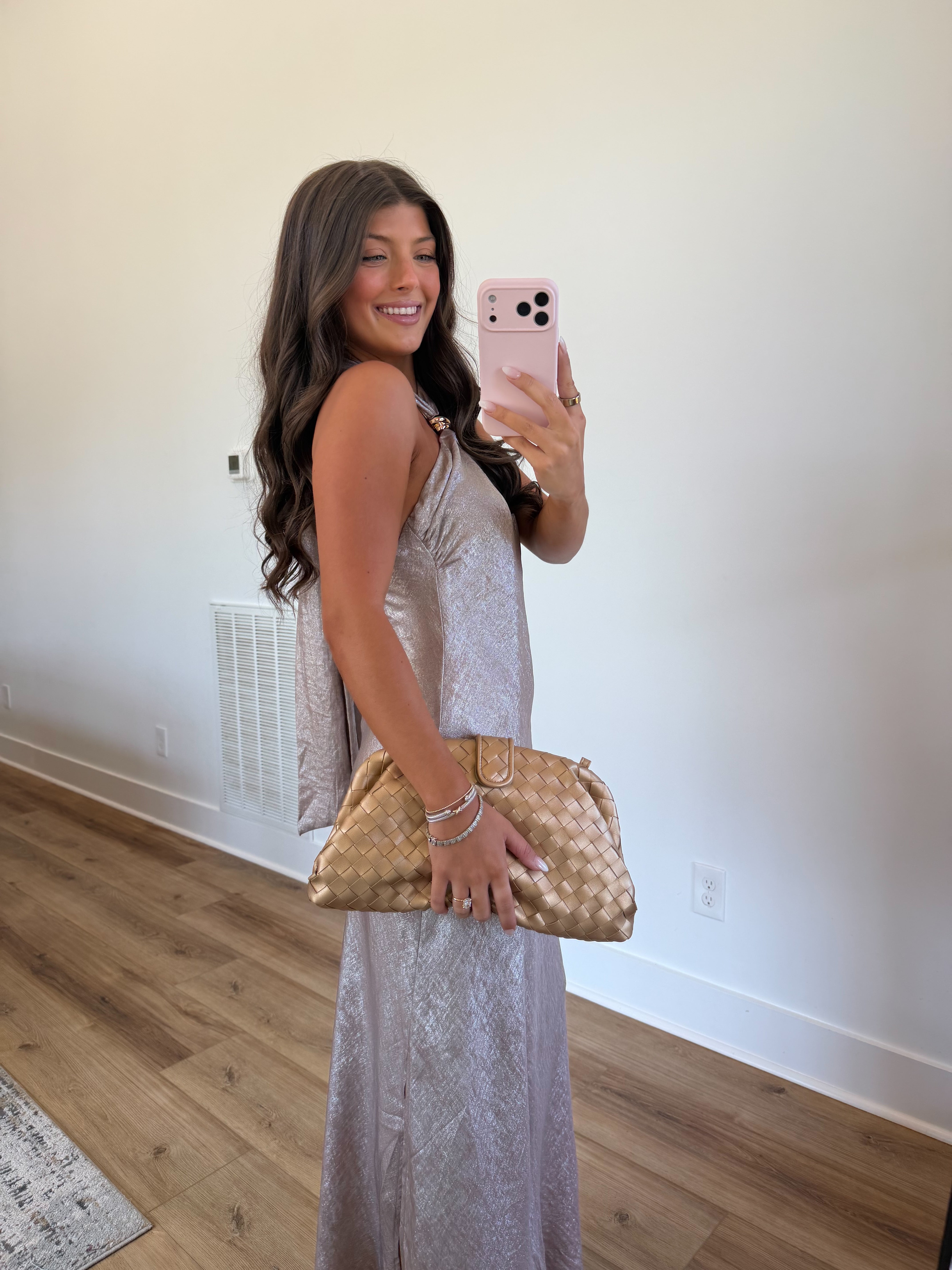 Champagne Satin Halter Maxi Dress