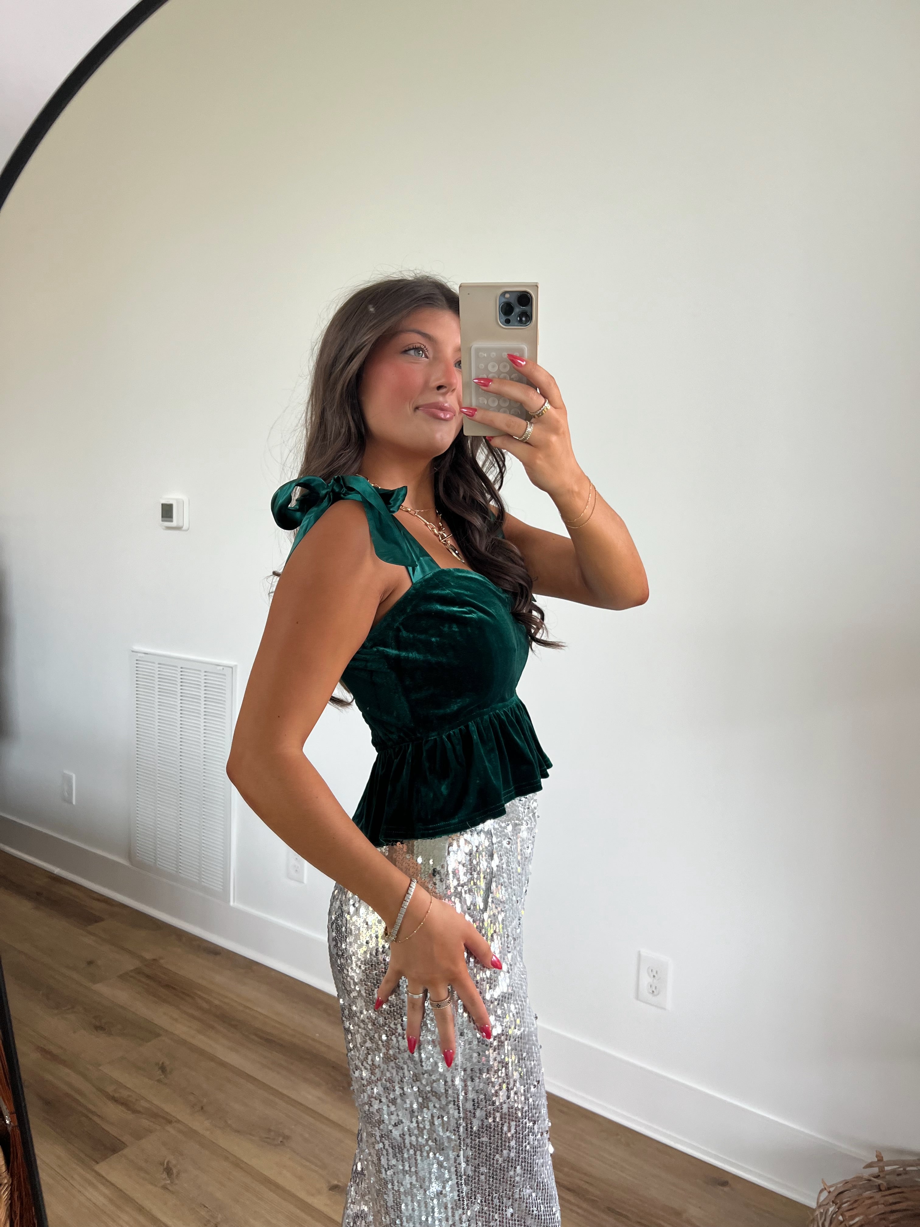 Flirty Velvet Ruffle Top (Christmas Green)