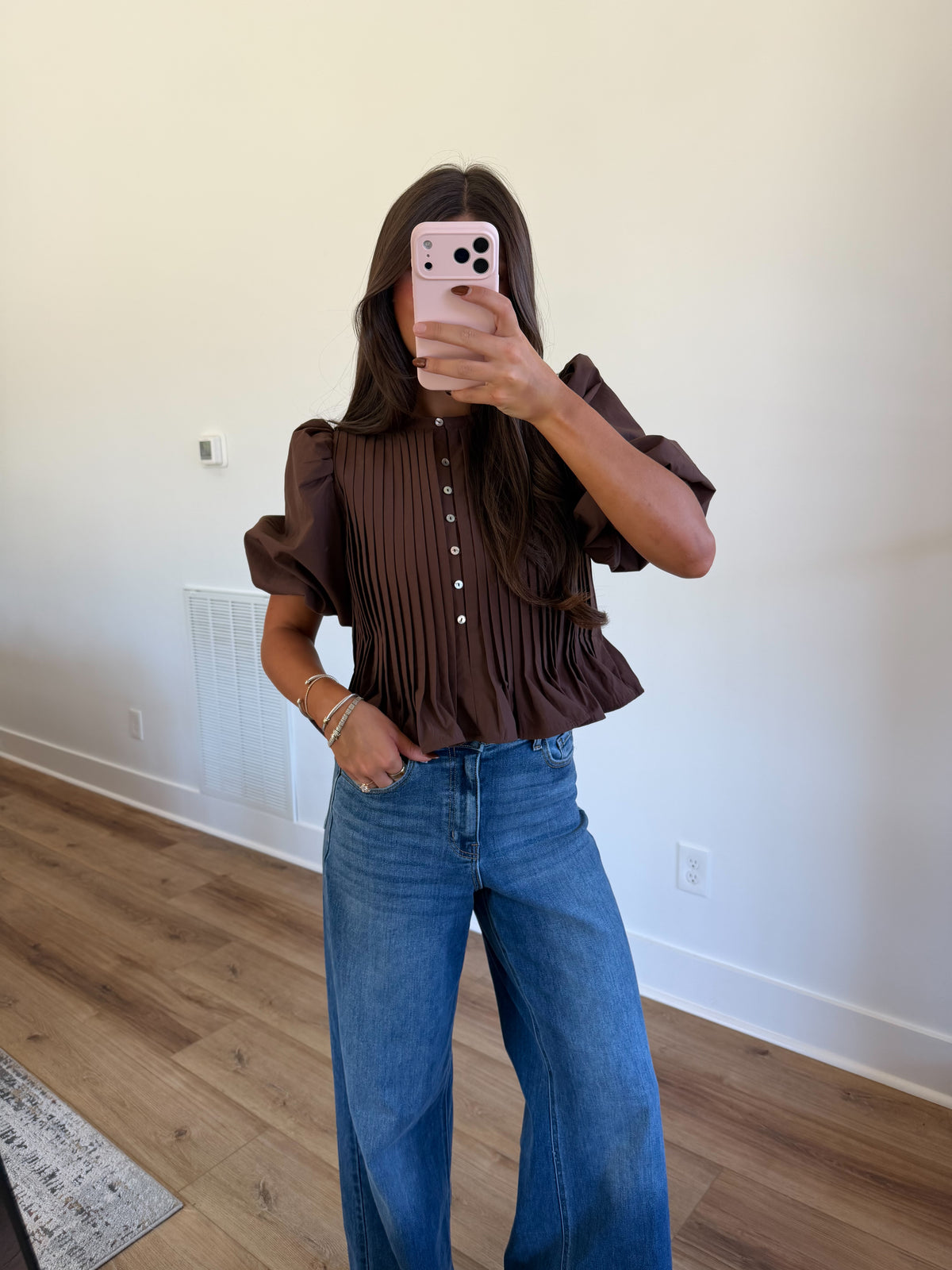Puff Sleeve Pleated Peplum Top (Brown)