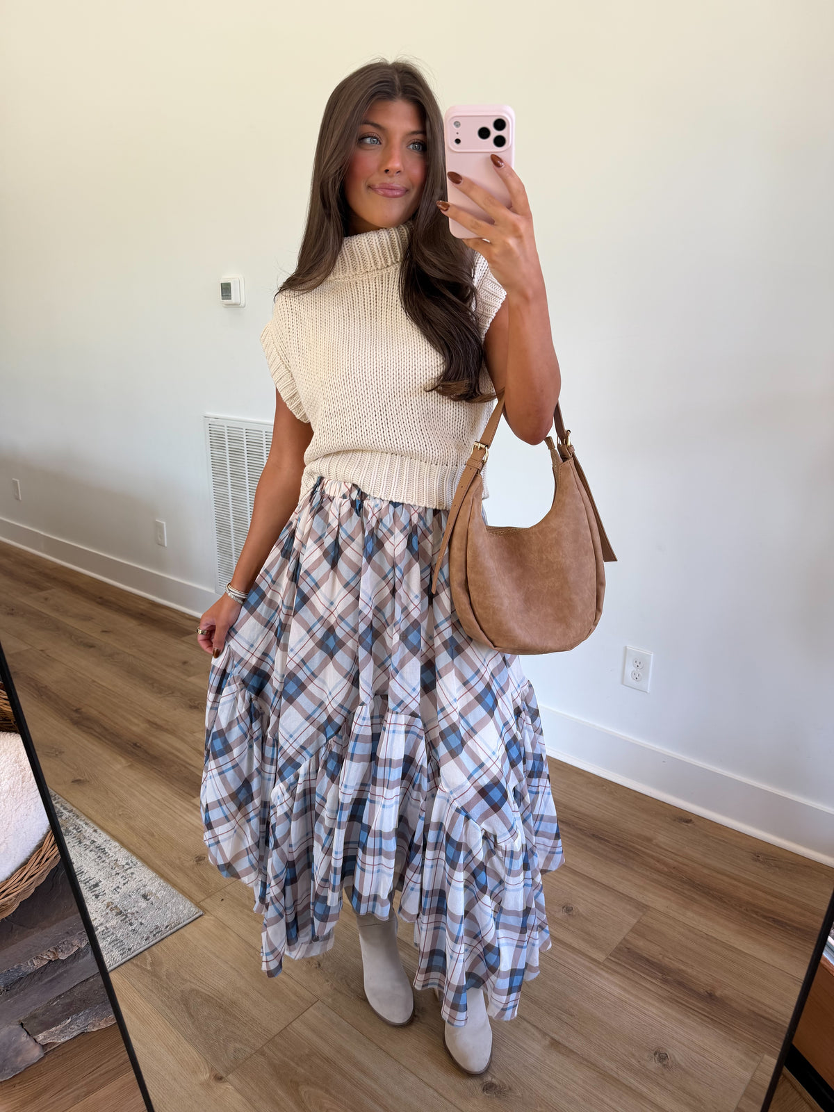 Blue & Brown Plaid Ruffle Maxi Skirt