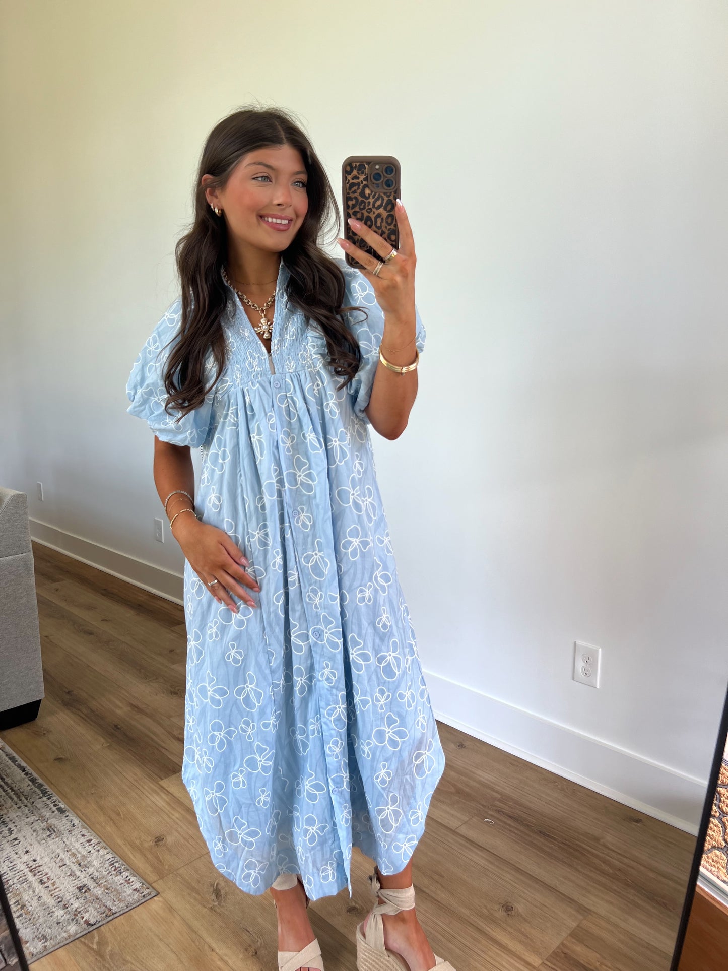 Blue Floral Puff Sleeve Midi Dress