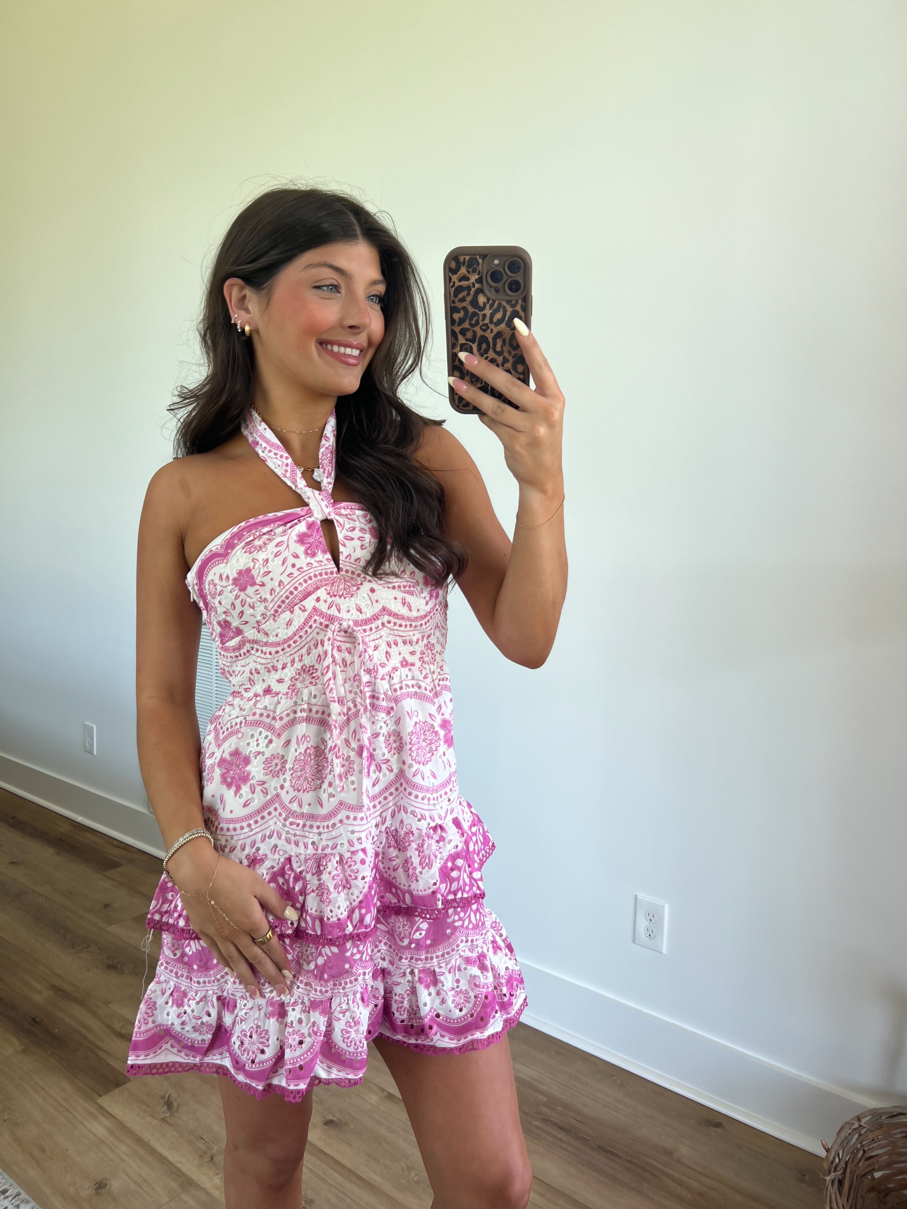 Pink Hawaiian Eyelet Halter Mini Dress