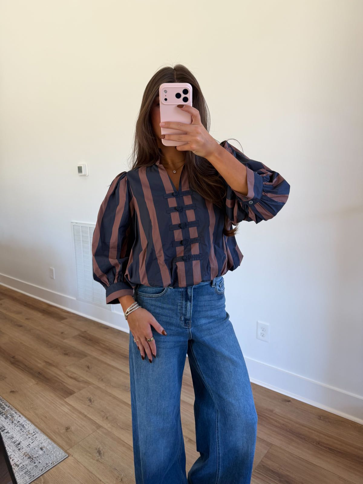 Navy & Brown Stripe Puff Sleeve Blouse