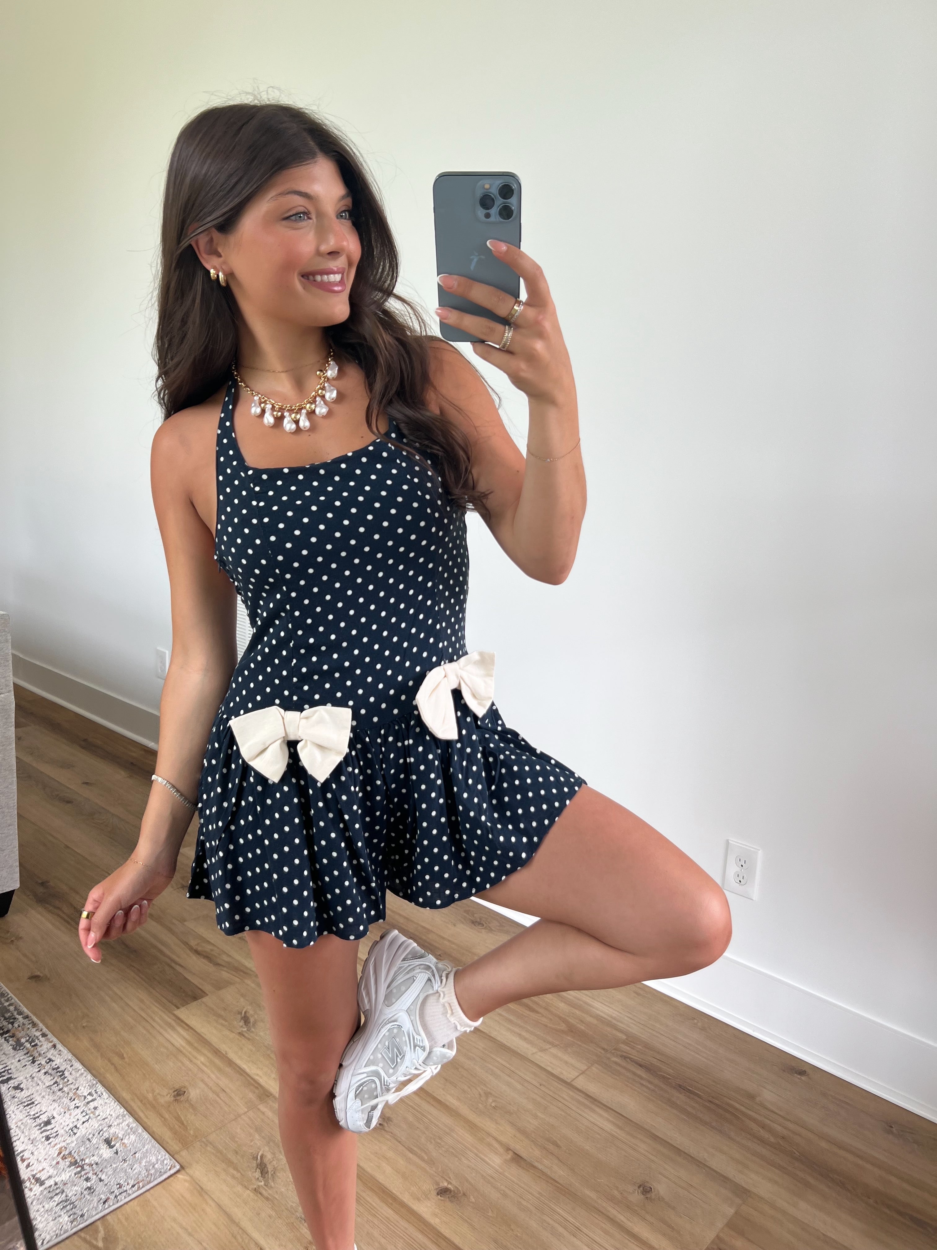 Bow Tie Babydoll Romper (Navy/White)