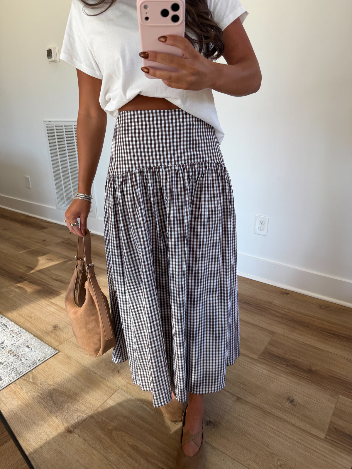 Brown Gingham Midi Skirt