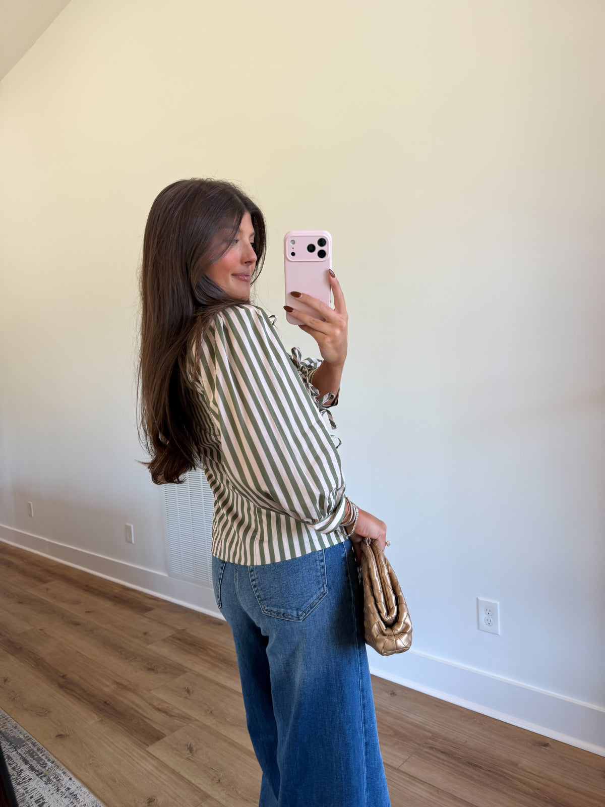 Striped Bow Front Blouse (Olive/Ecru)
