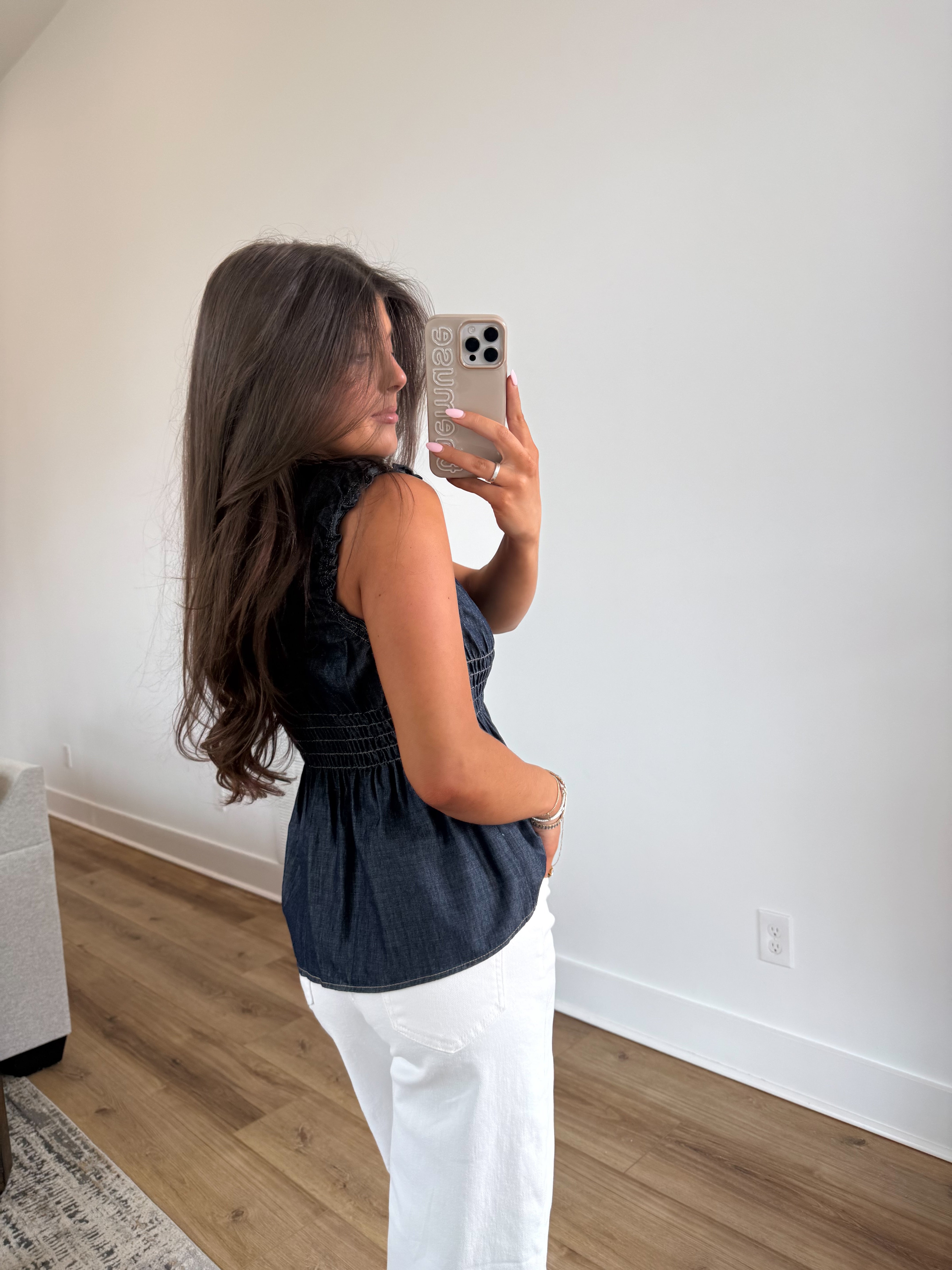 Denim Smocked Peplum Top