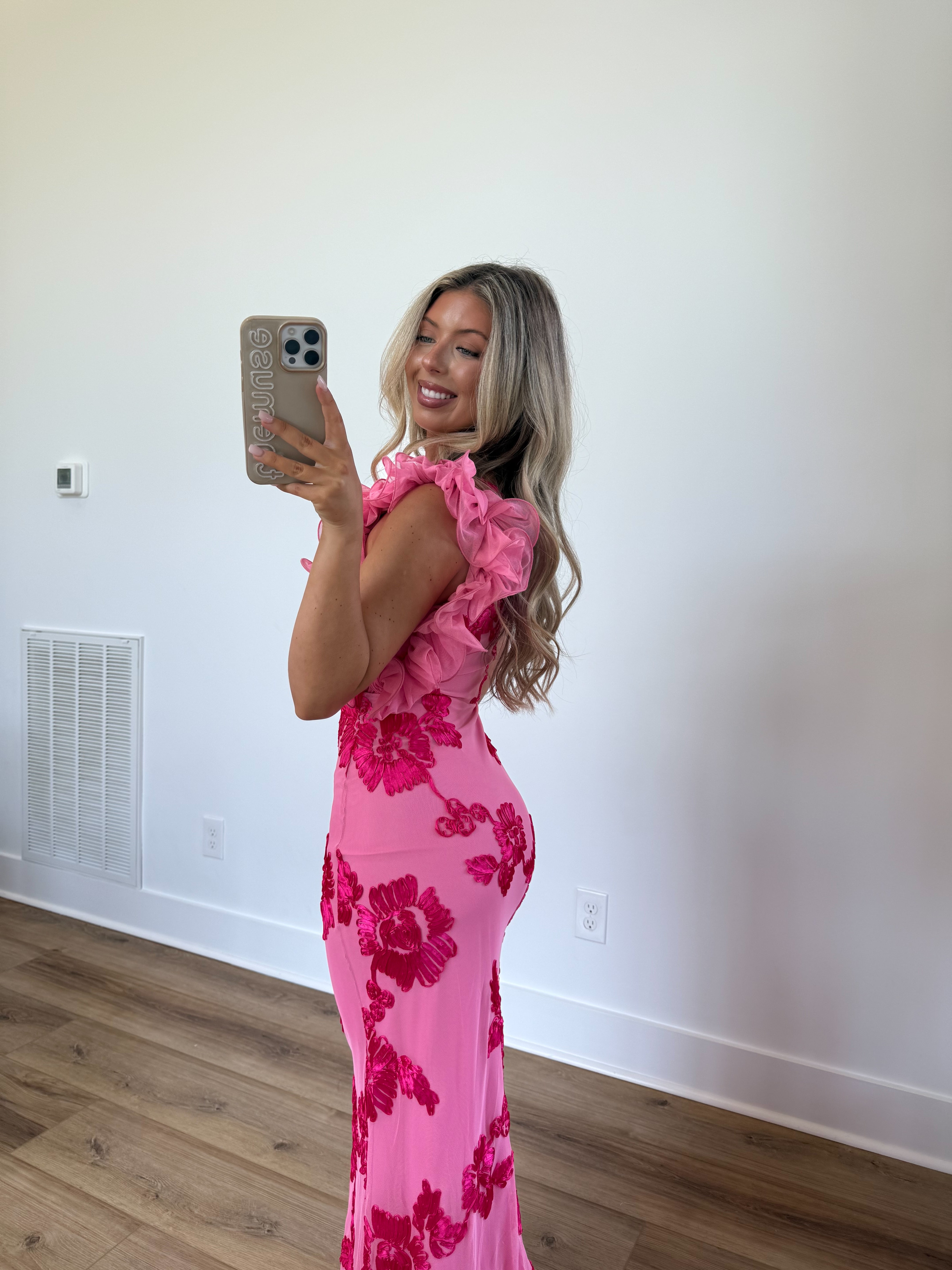 Pink Petals Ruffle Shoulder Maxi