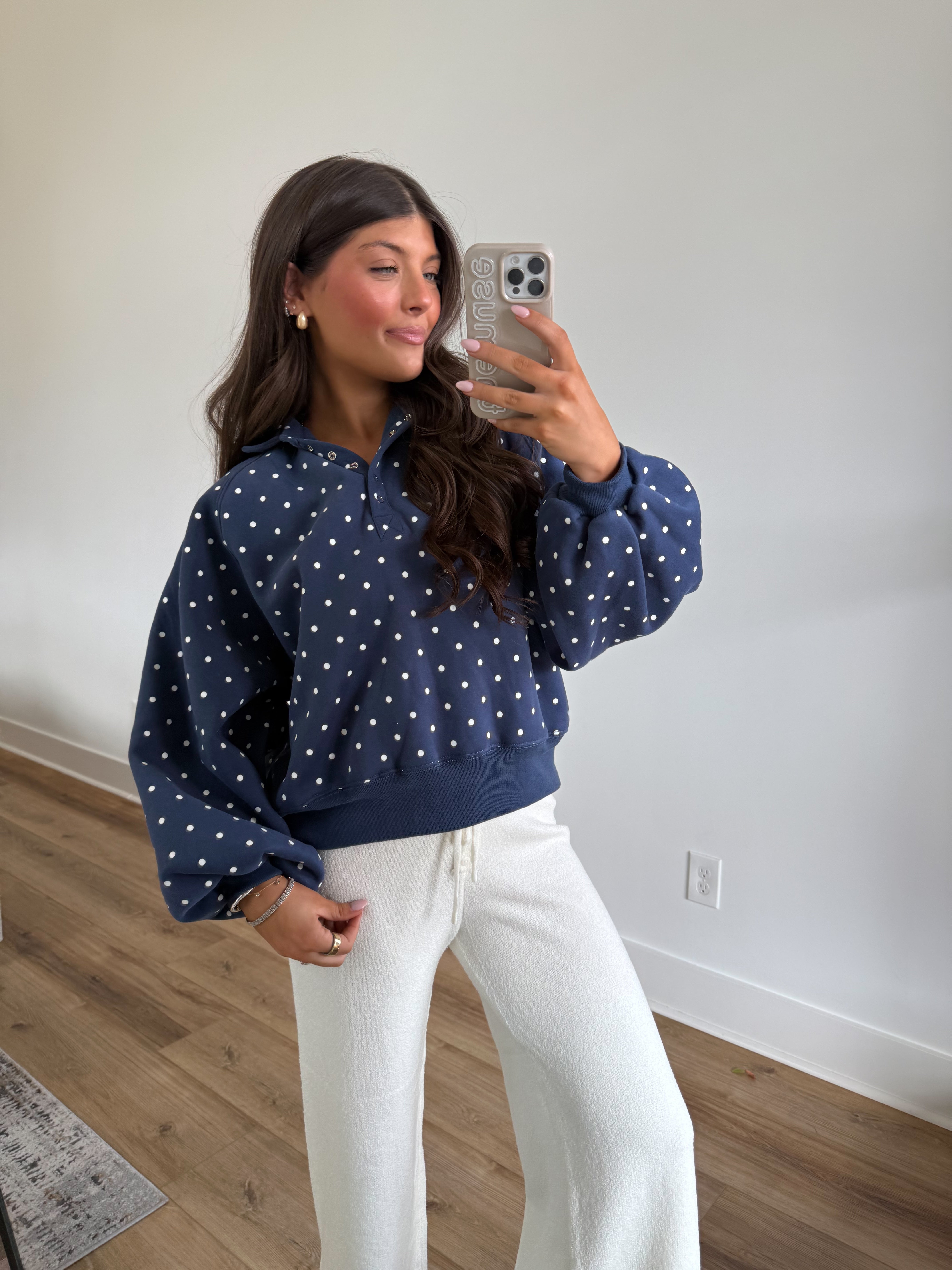 Navy Polka-Dot Snap Button Pullover