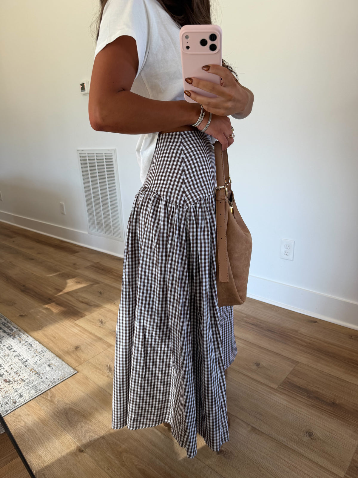 Brown Gingham Midi Skirt