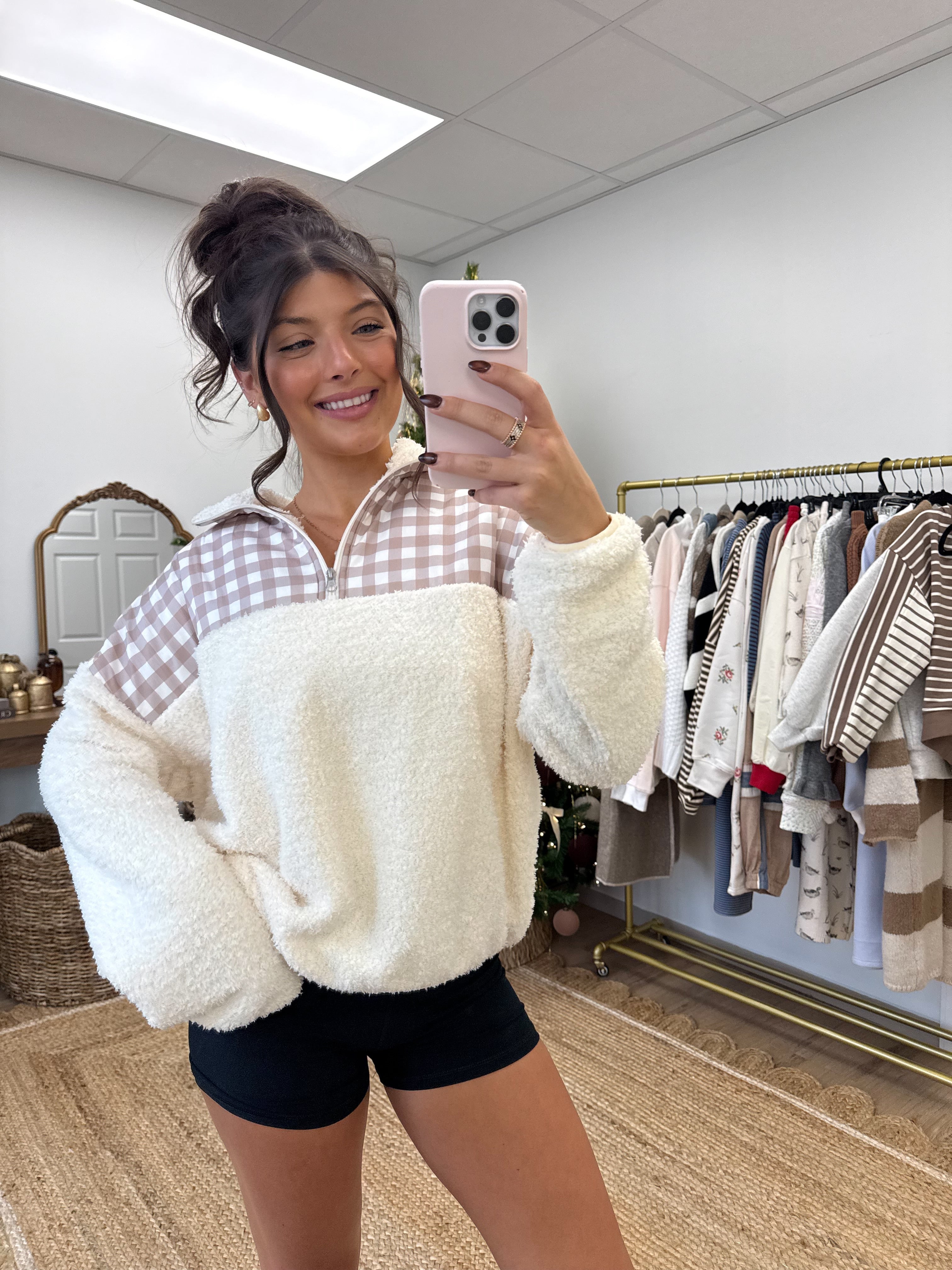 Gingham Sherpa Pullover